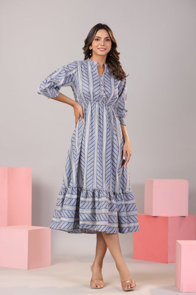 Patterned Shibori on Blue MIDI Cotton Dress