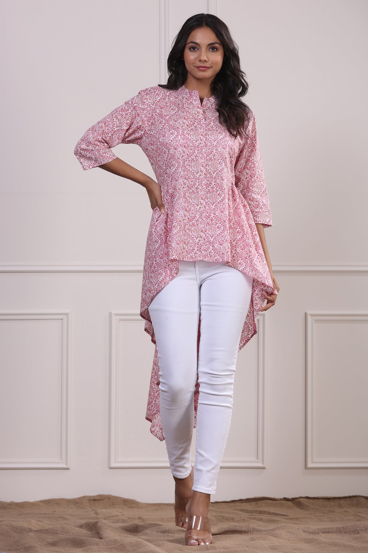 Bougainvillea on Off-white Short Kurti