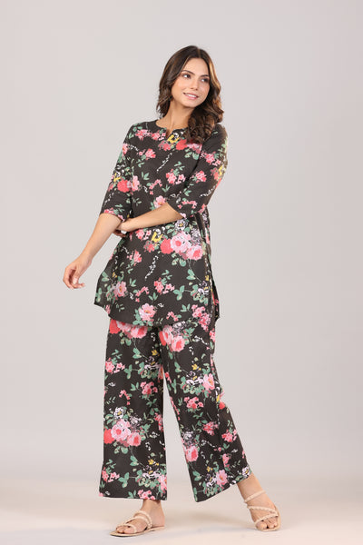 Floral Canopies on Black Cotton  Loungewear Set