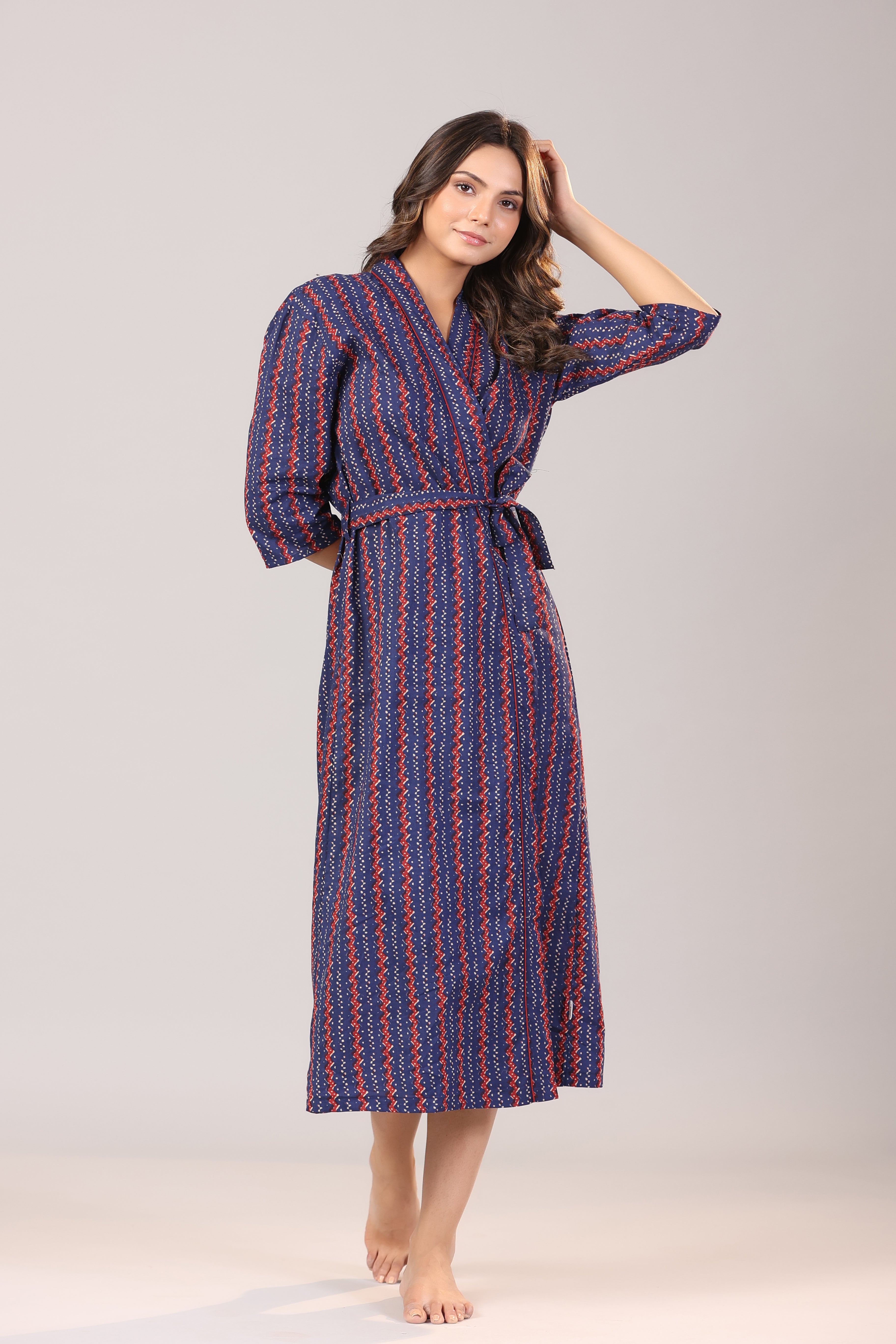 Parallel Zigzag on Blue Cotton Robe