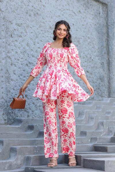 Roses on Smocked Silk Co ord Set