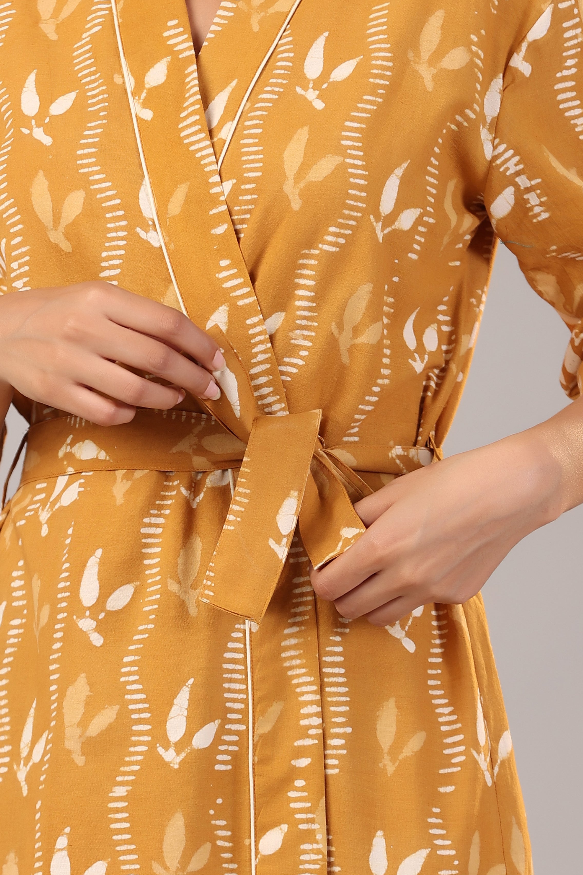 Leaf Motifs on Mustard Cotton Robe