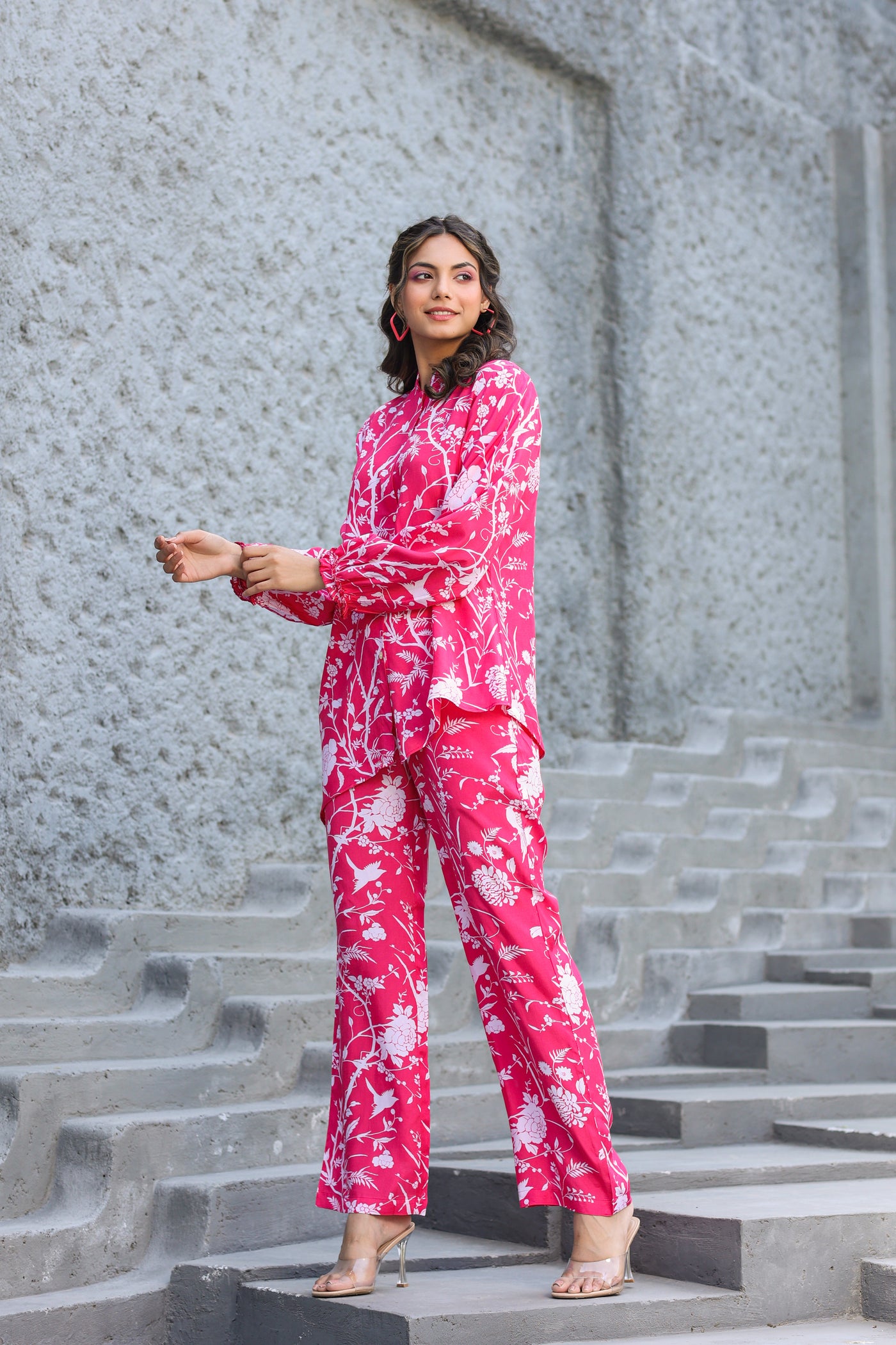 White Jaal On Pink Silk Co-ord Set