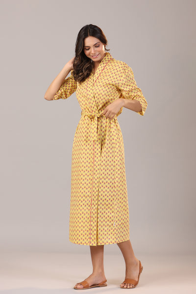 Floral Jaipuri Booti on Yellow Cotton Robe