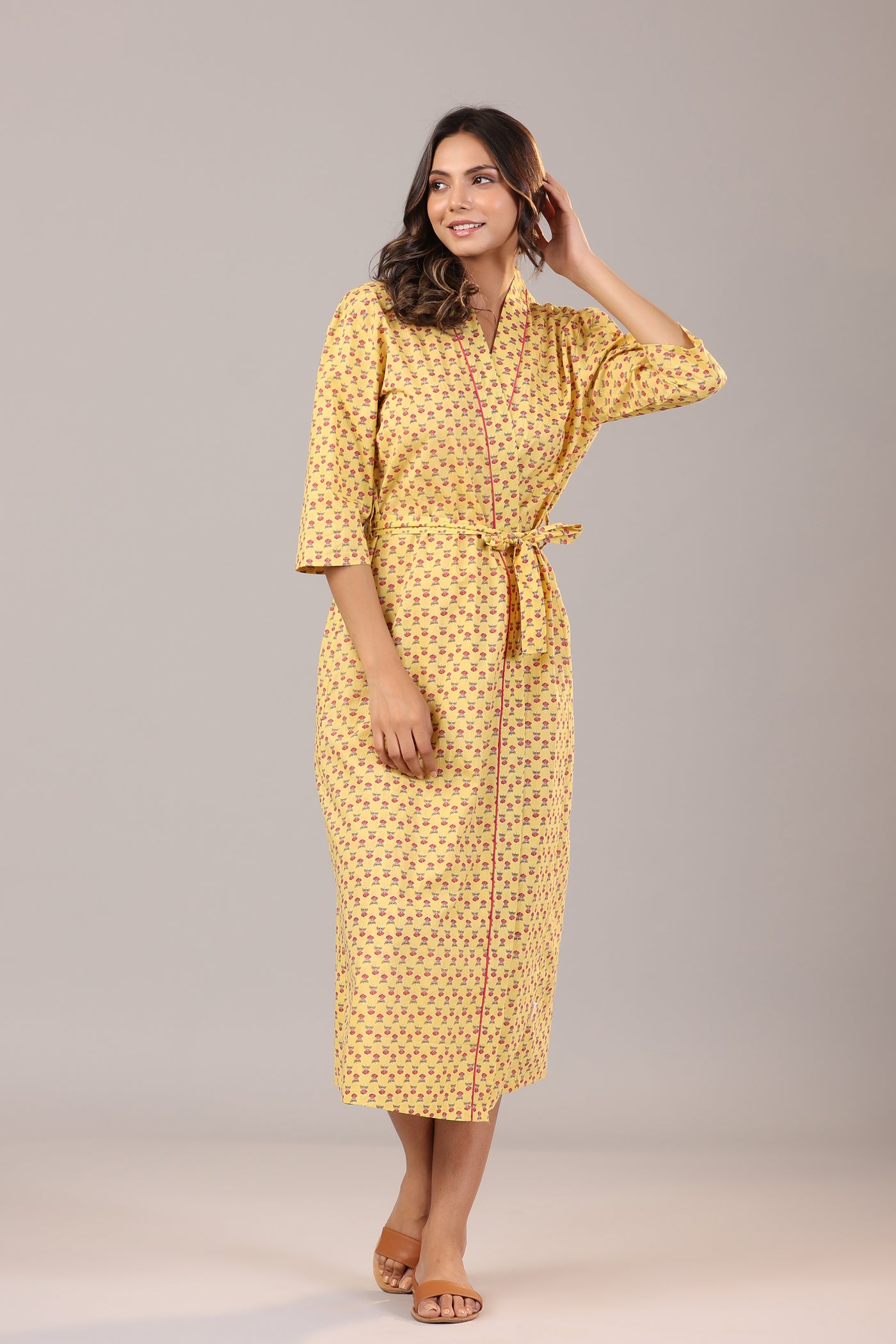 Floral Jaipuri Booti on Yellow Cotton Robe
