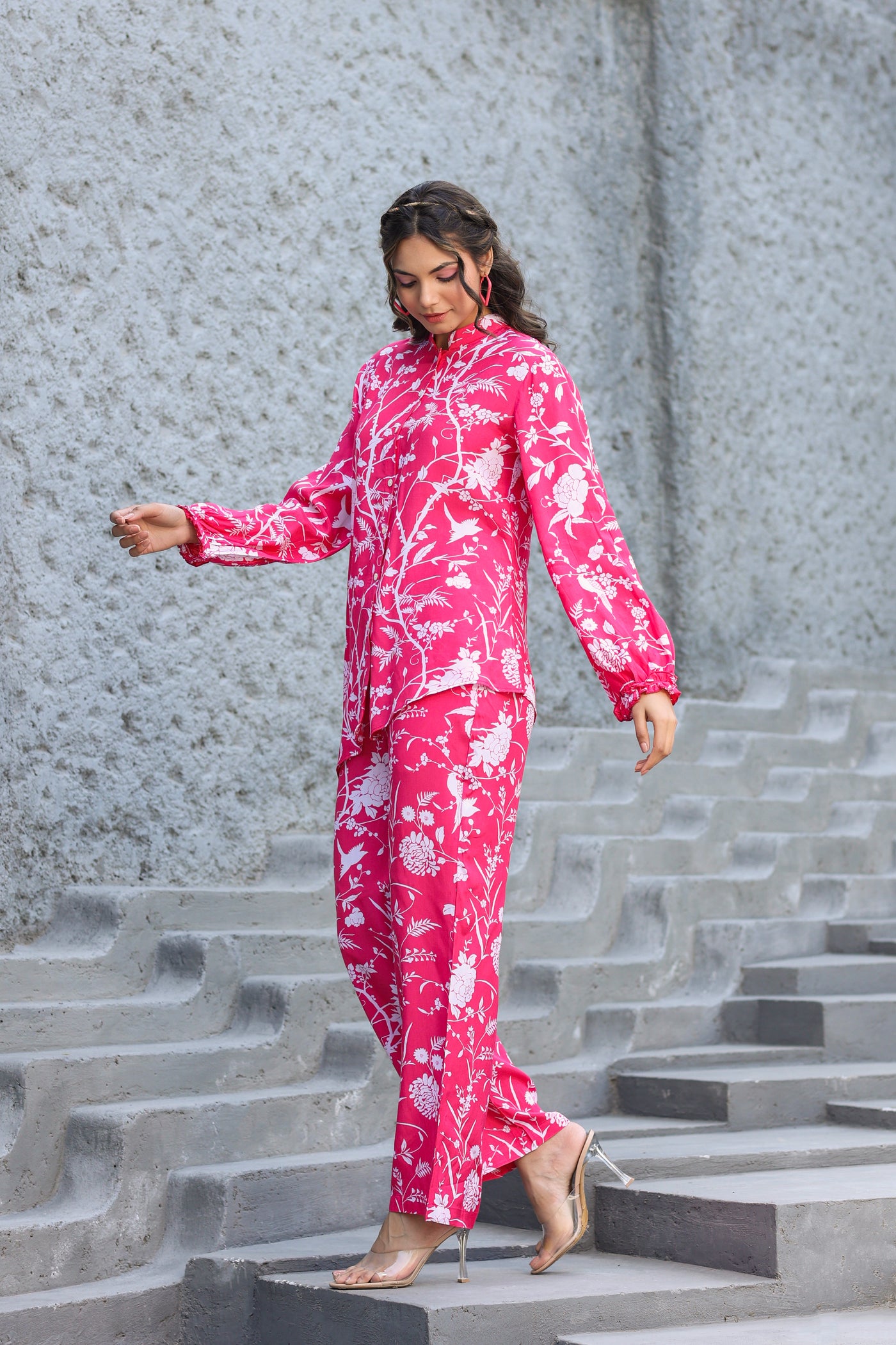 White Jaal On Pink Silk Co-ord Set