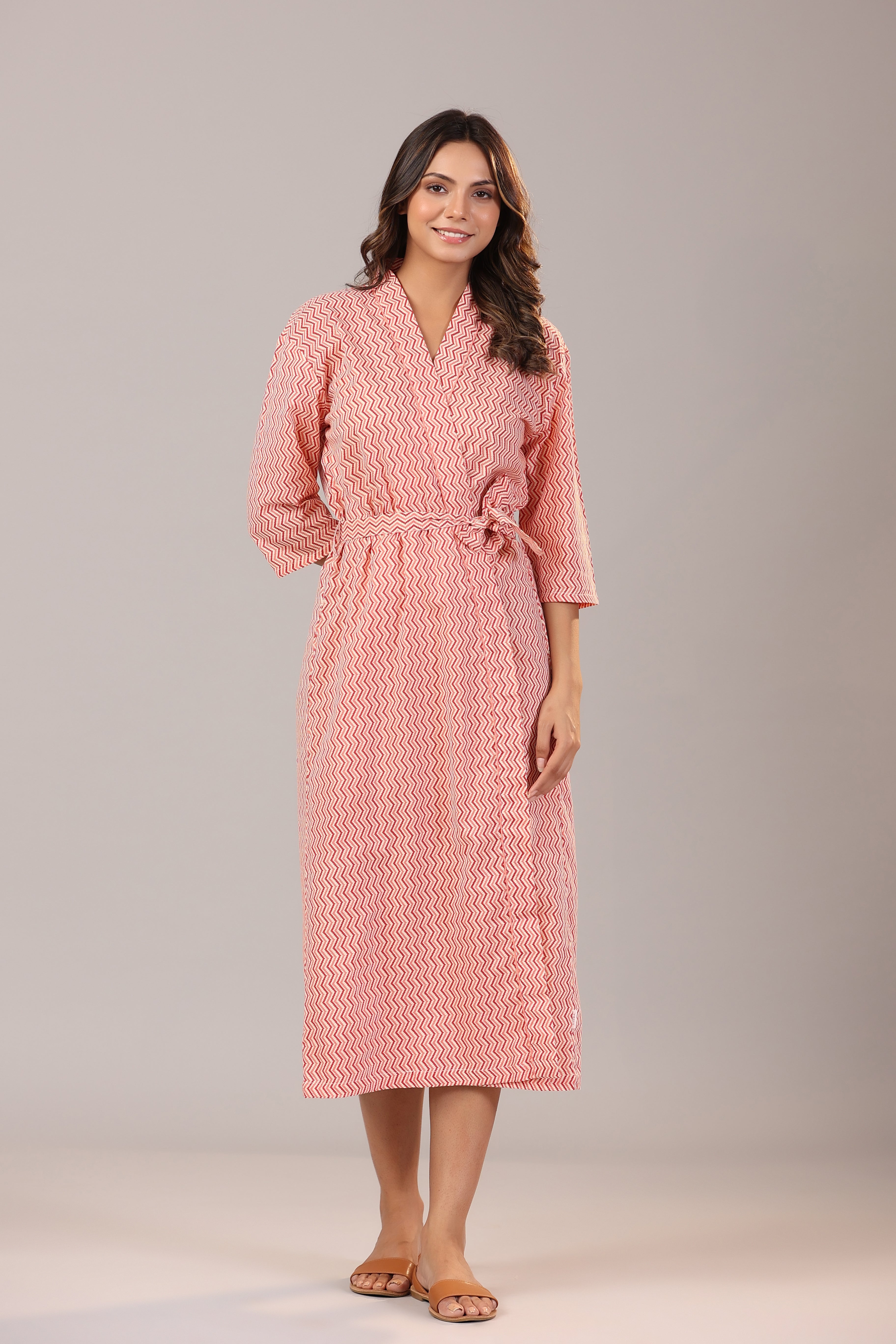 Maroon Zigzag on Peach Cotton Robe