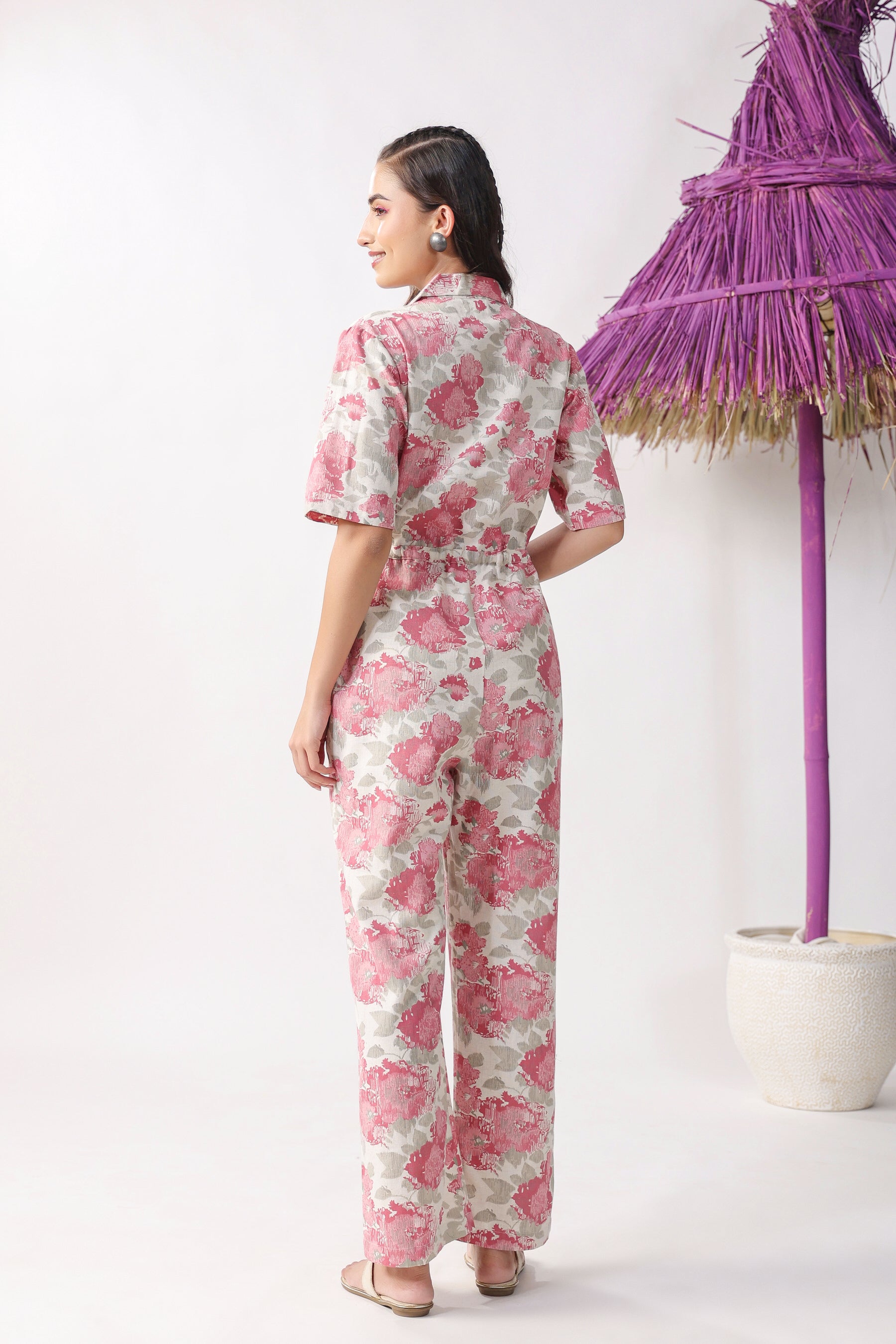 Watercolour Pink Florals on Off white Cotton Flex Jumpsuit