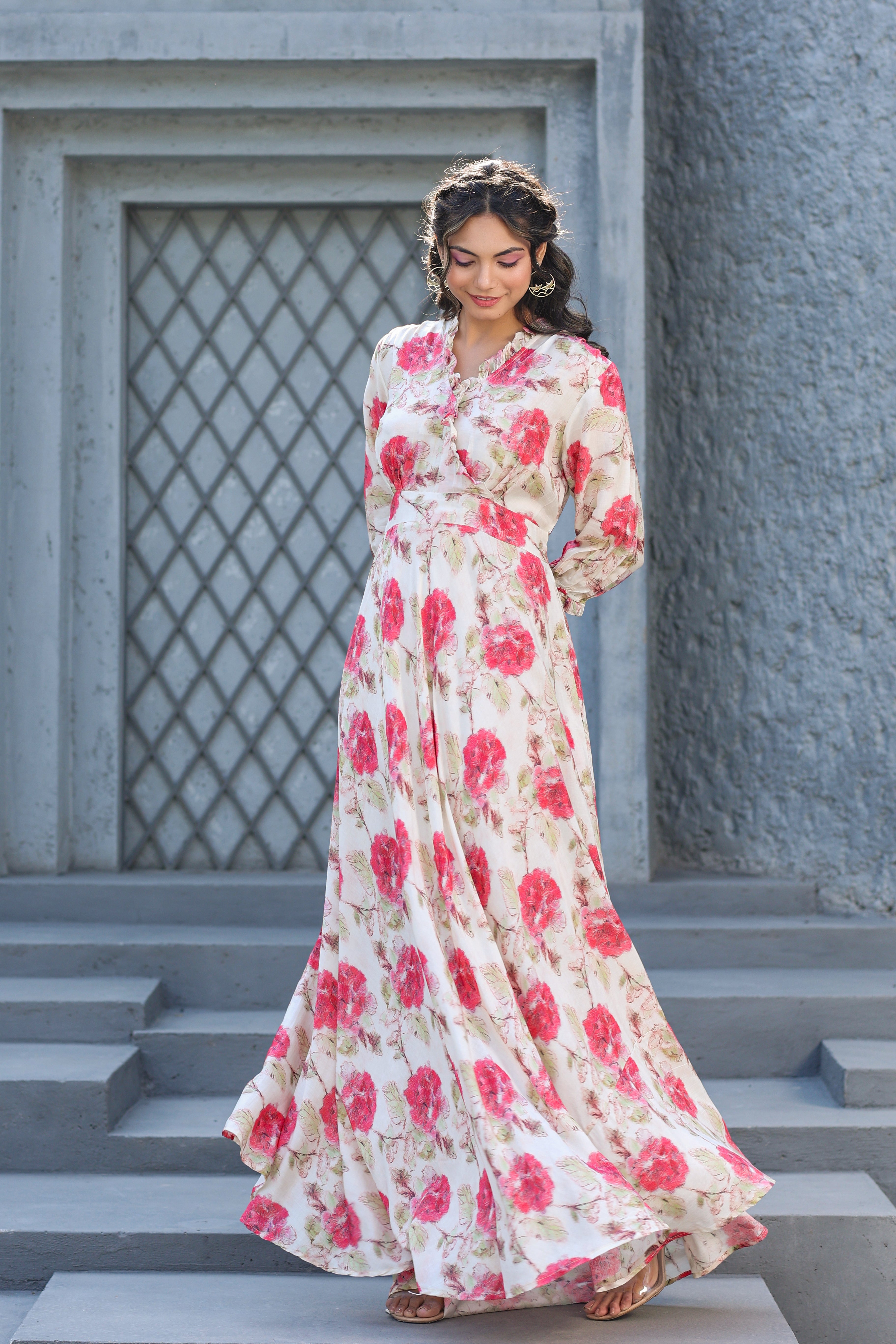 Roses Dreamland on Off white Muslin Maxi Dress