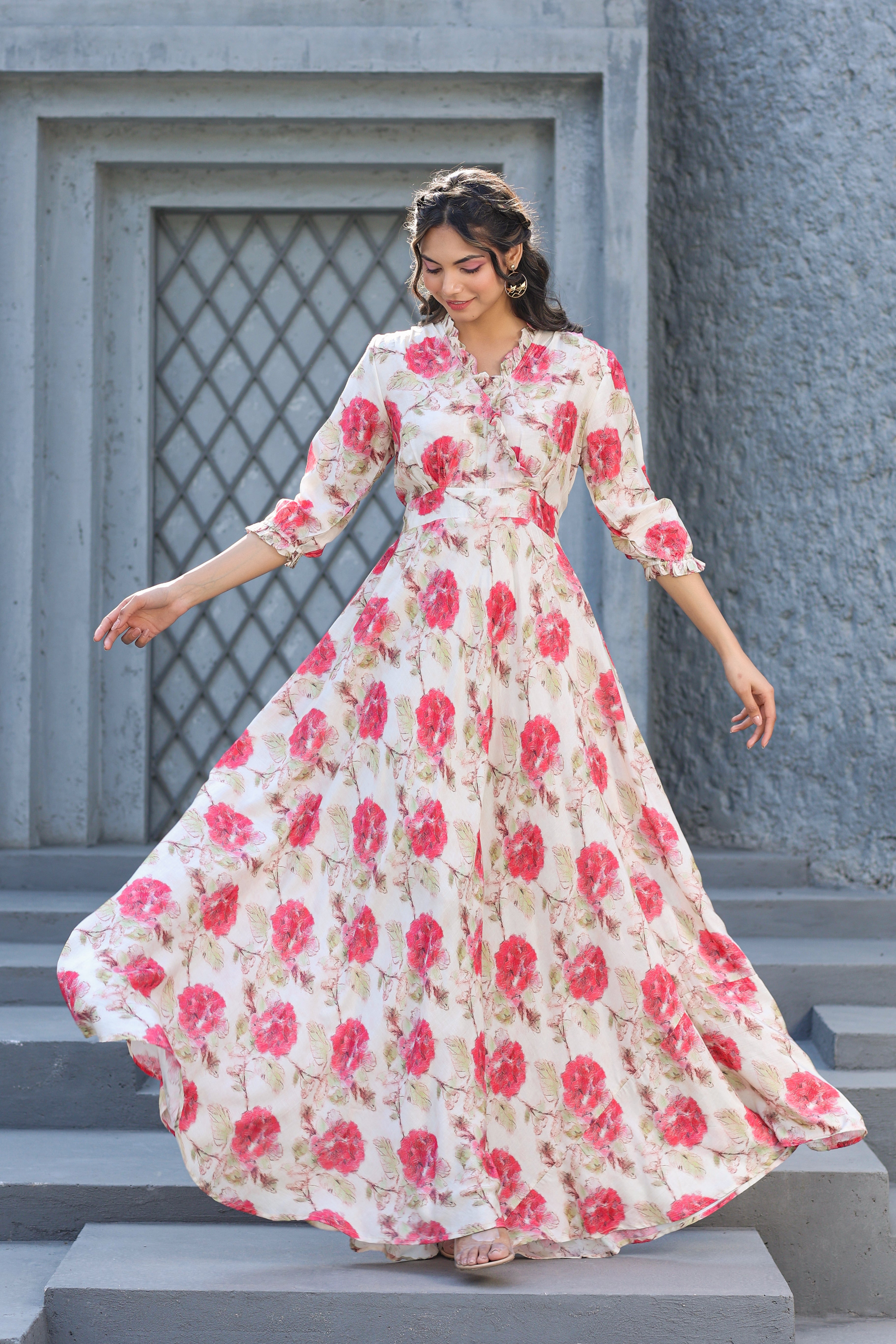 Roses Dreamland on Off white Muslin Maxi Dress