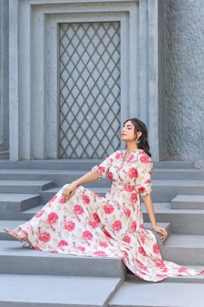 Roses Dreamland on Off white Muslin Maxi Dress