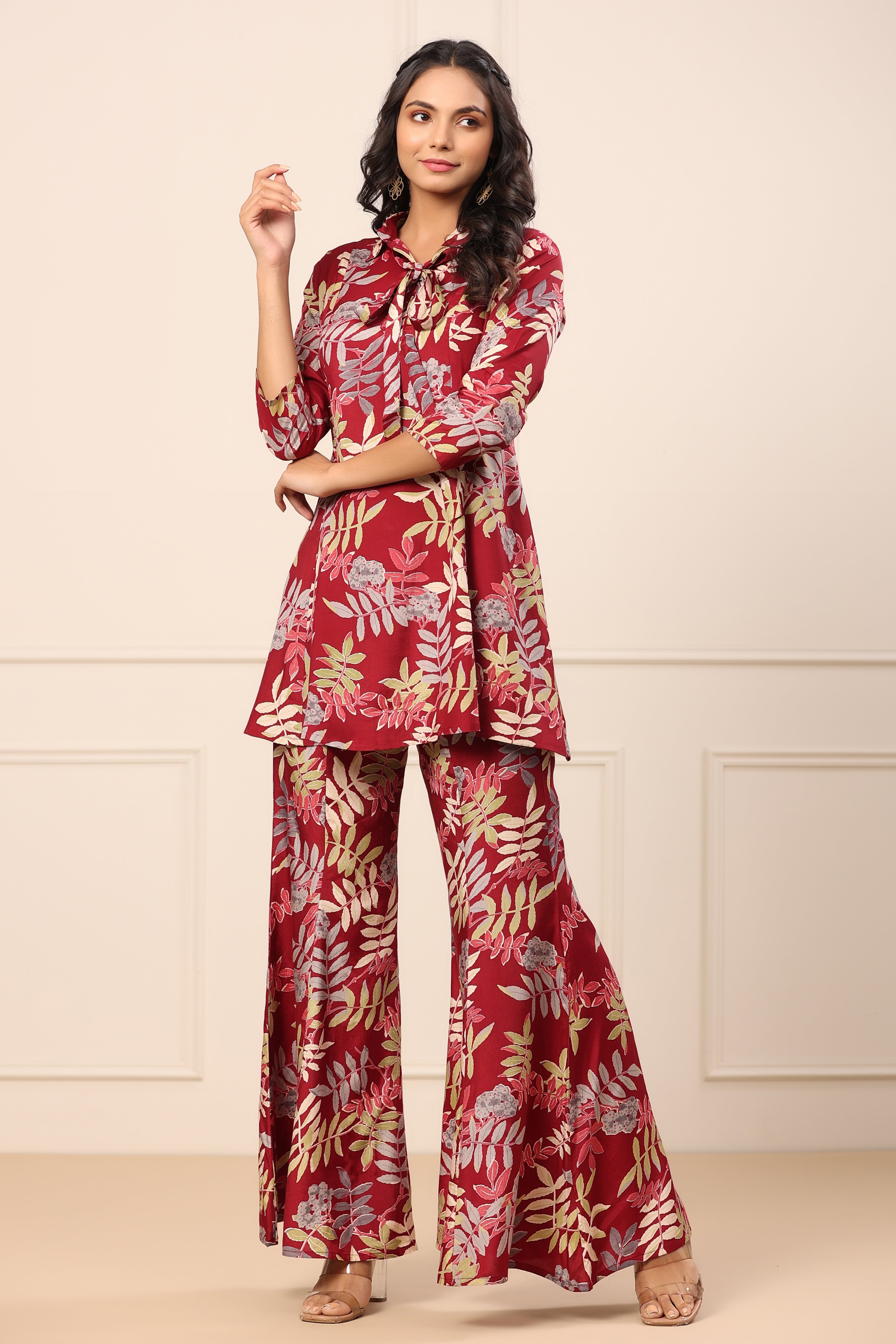 Tropical Maroon Silk Co-ord Set