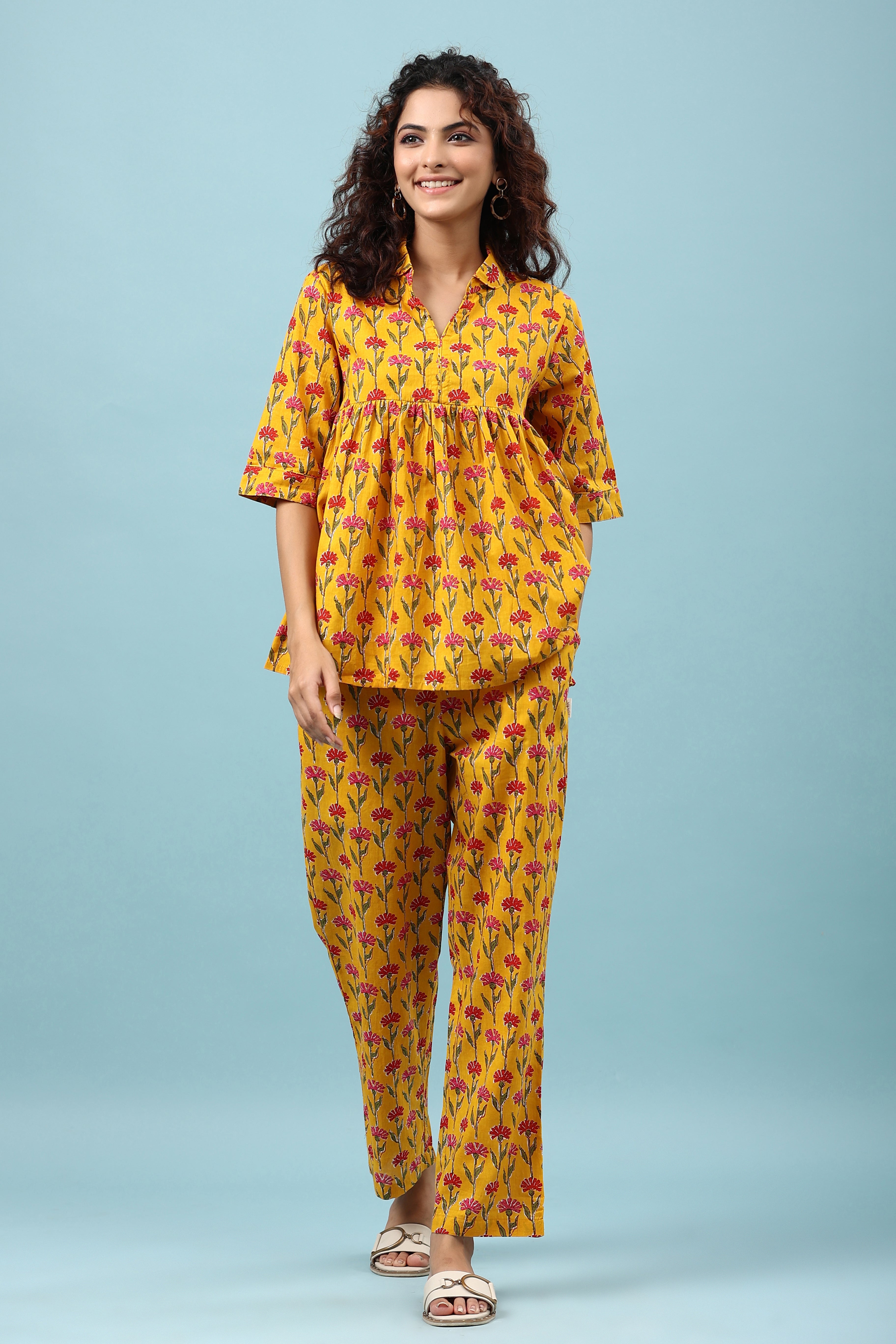 Flowing Flower on Mustard Peplum Loungewear Top Set