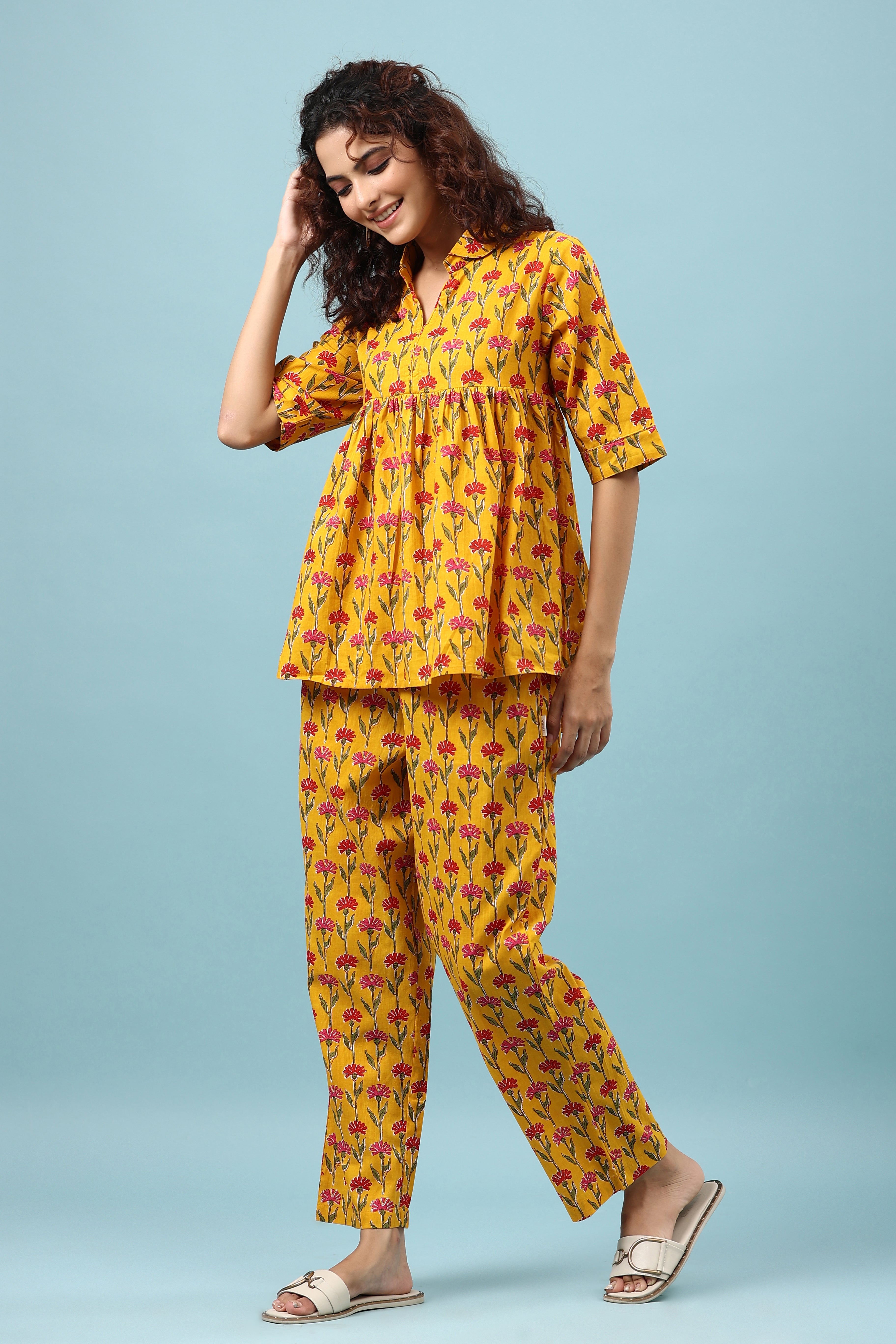 Flowing Flower on Mustard Peplum Loungewear Top Set