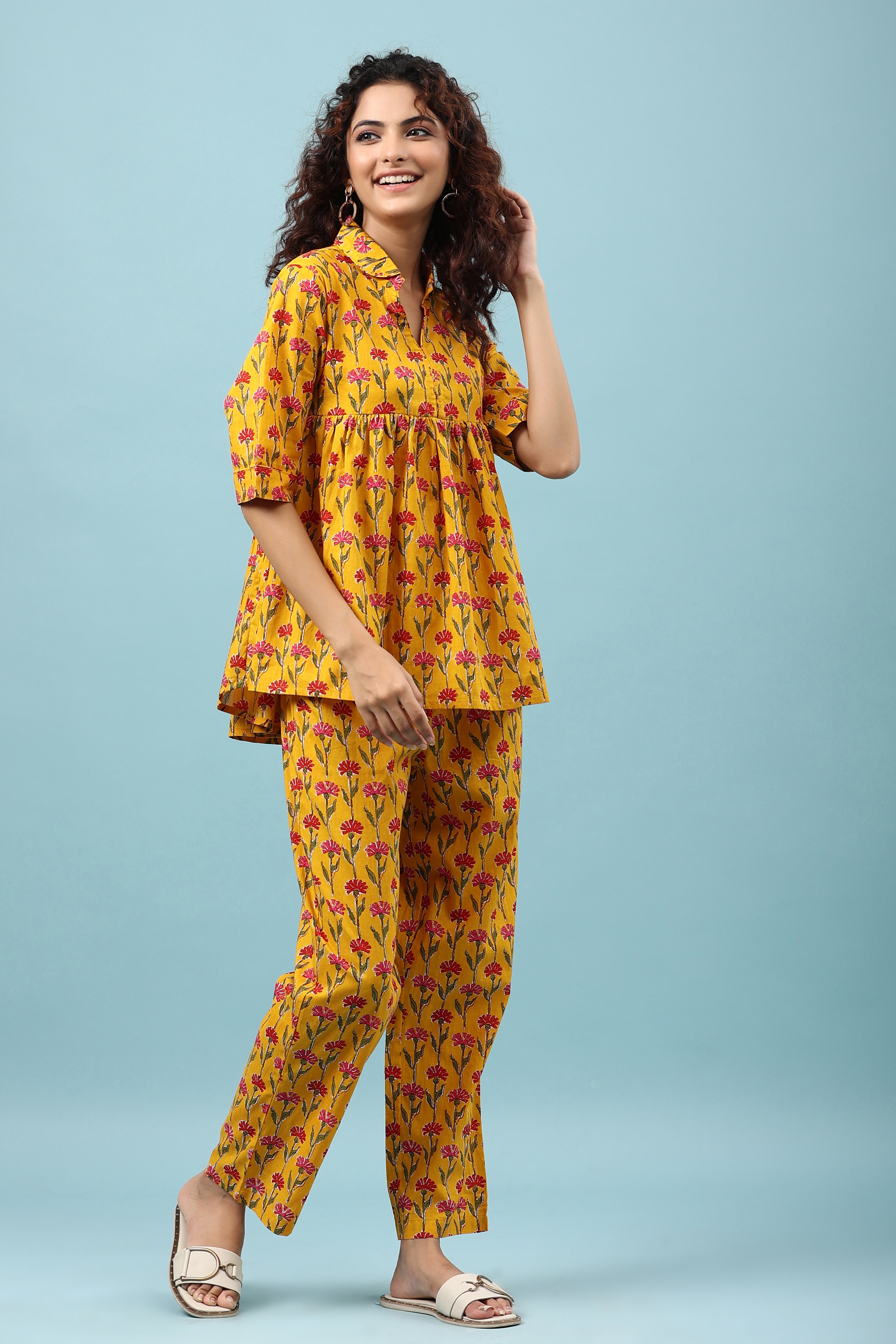 Flowing Flower on Mustard Peplum Loungewear Top Set