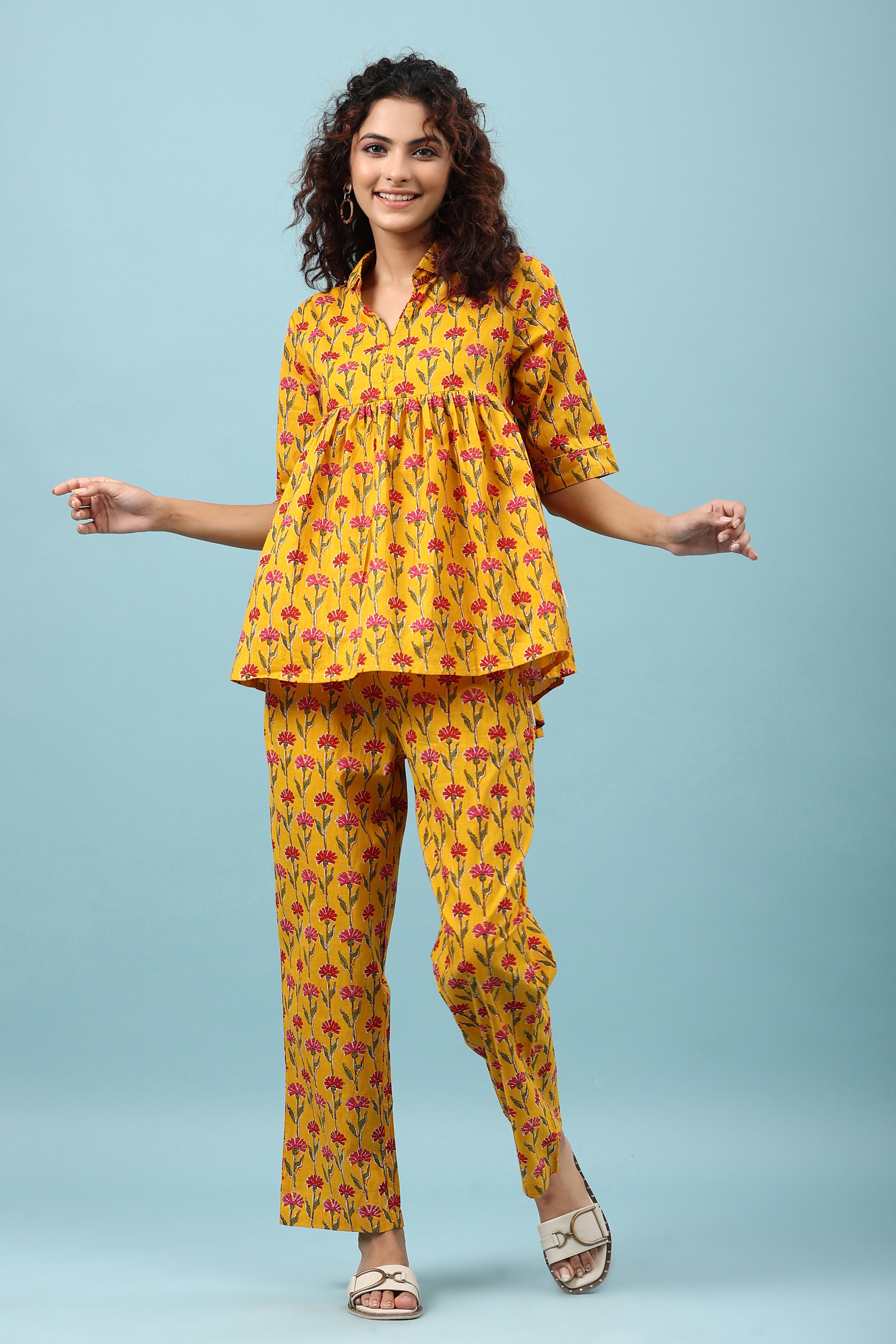 Flowing Flower on Mustard Peplum Loungewear Top Set