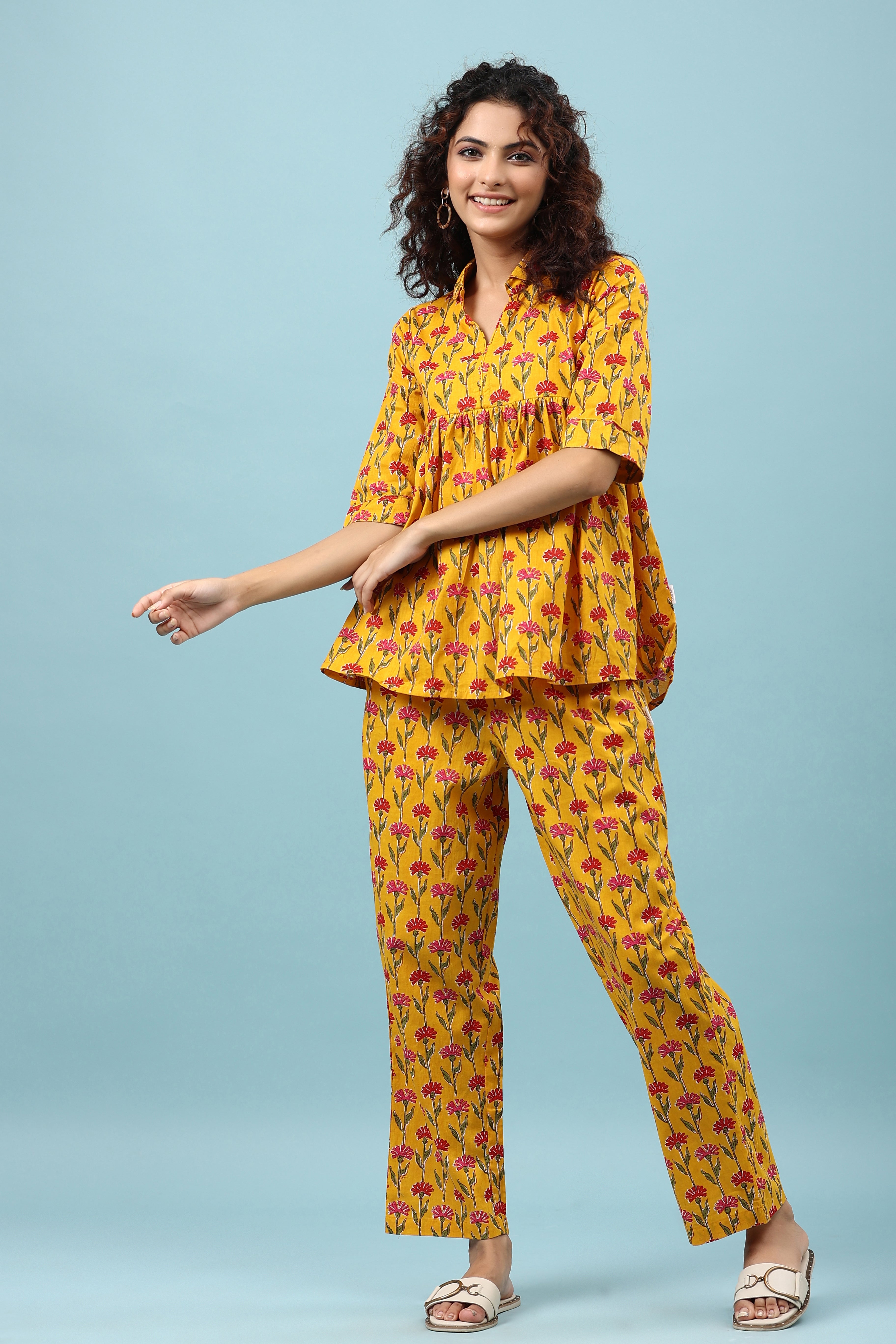 Flowing Flower on Mustard Peplum Loungewear Top Set