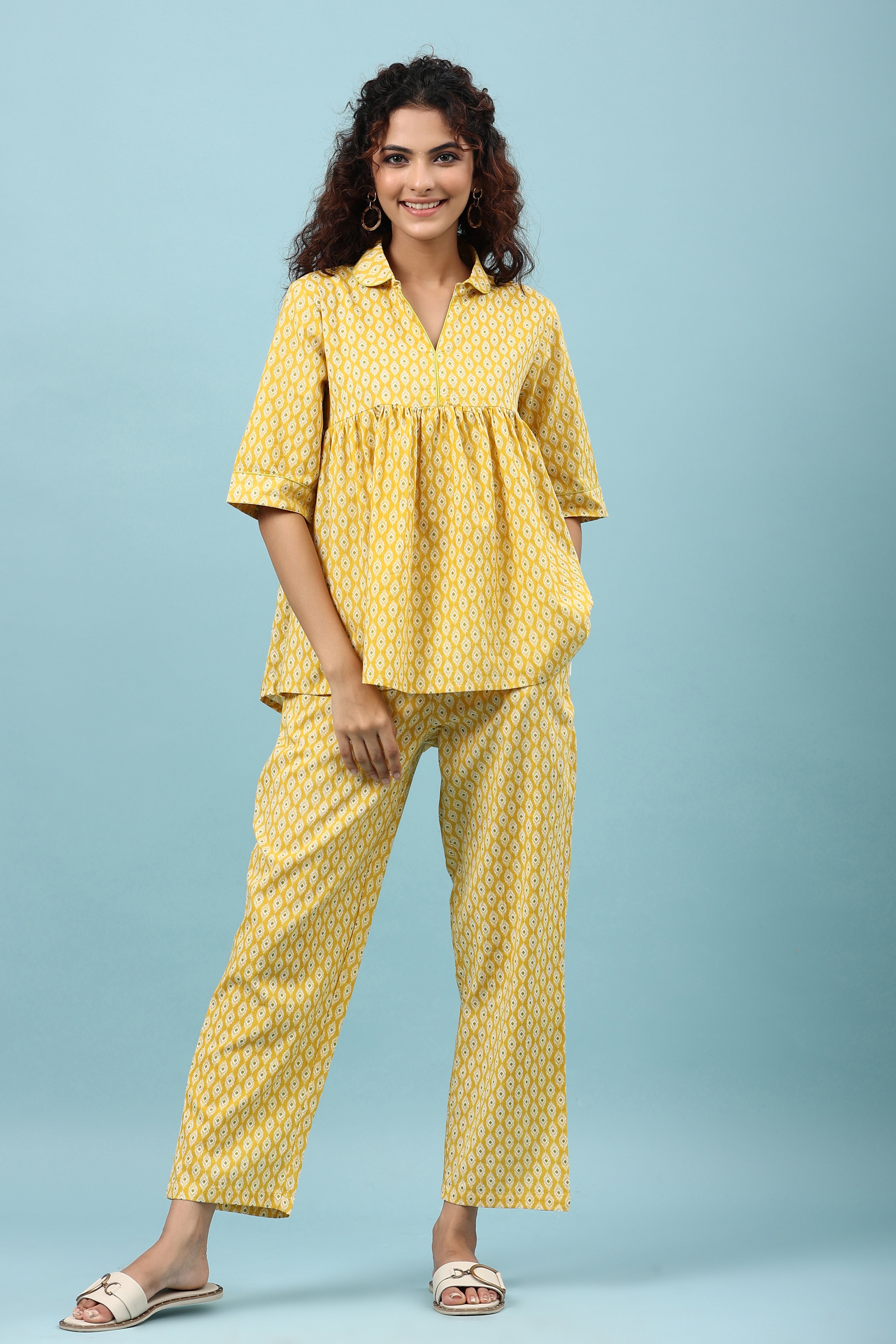 Ikat on Yellow Cotton Loungewear Top Set