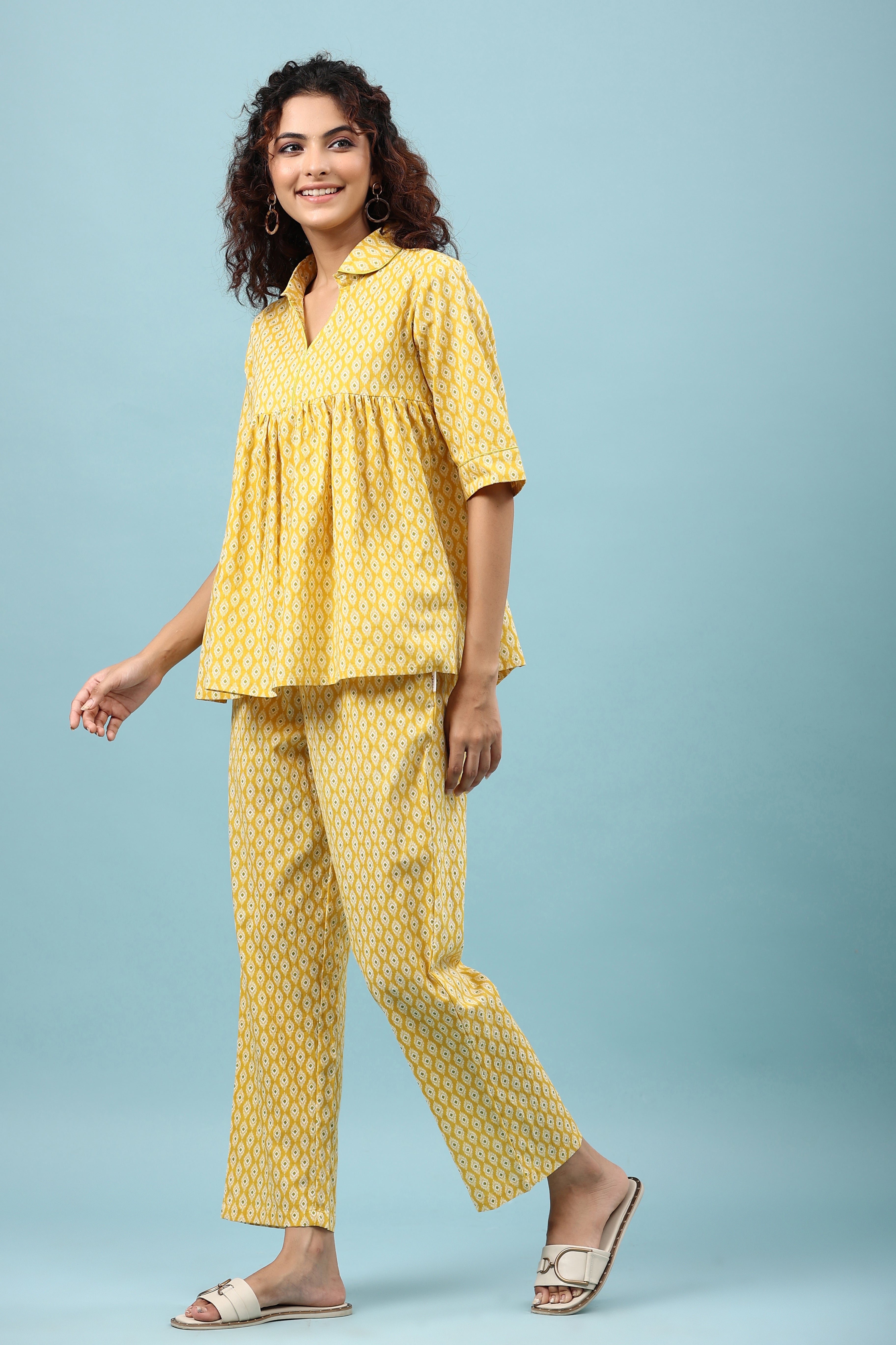 Ikat on Yellow Cotton Loungewear Top Set