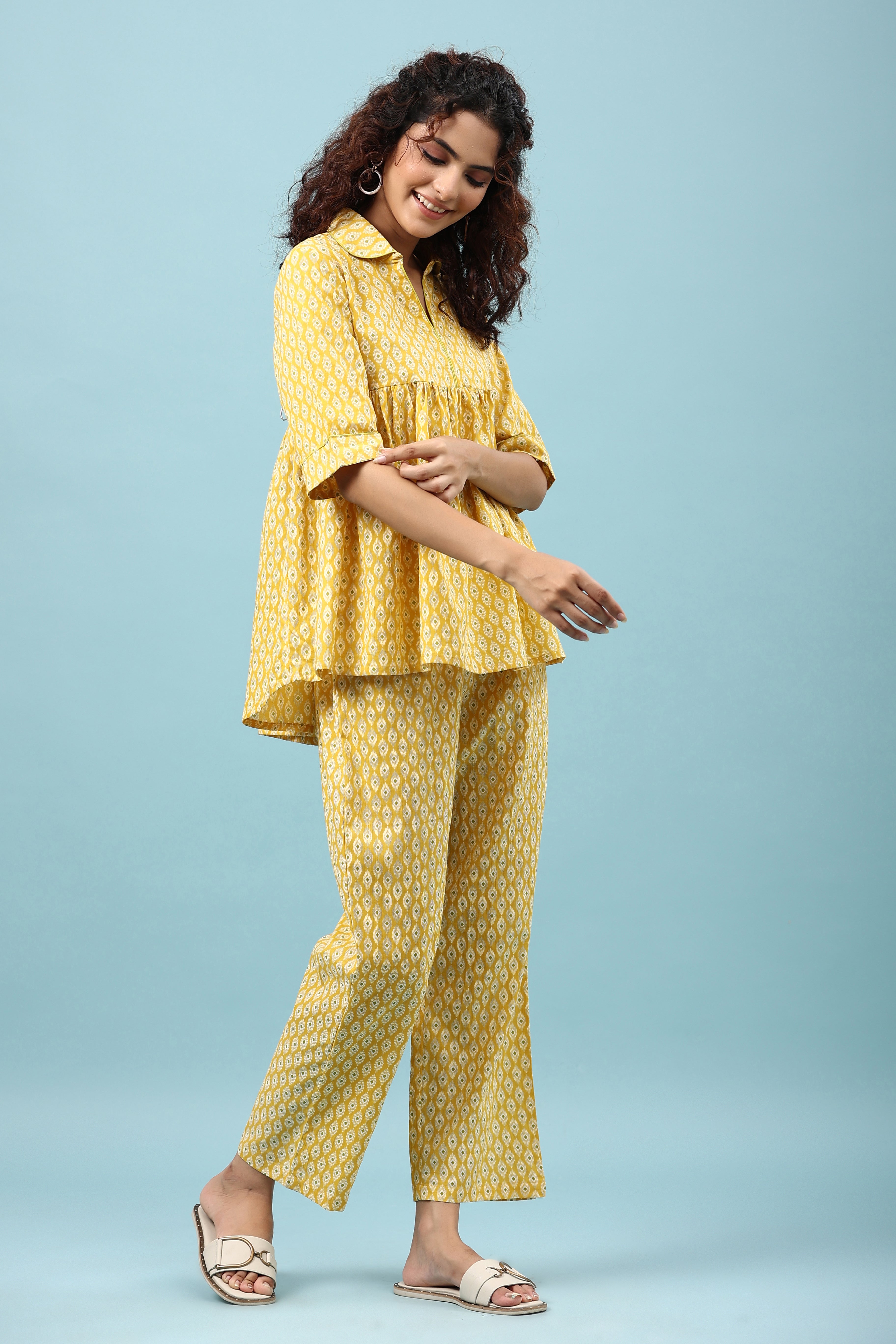 Ikat on Yellow Cotton Loungewear Top Set