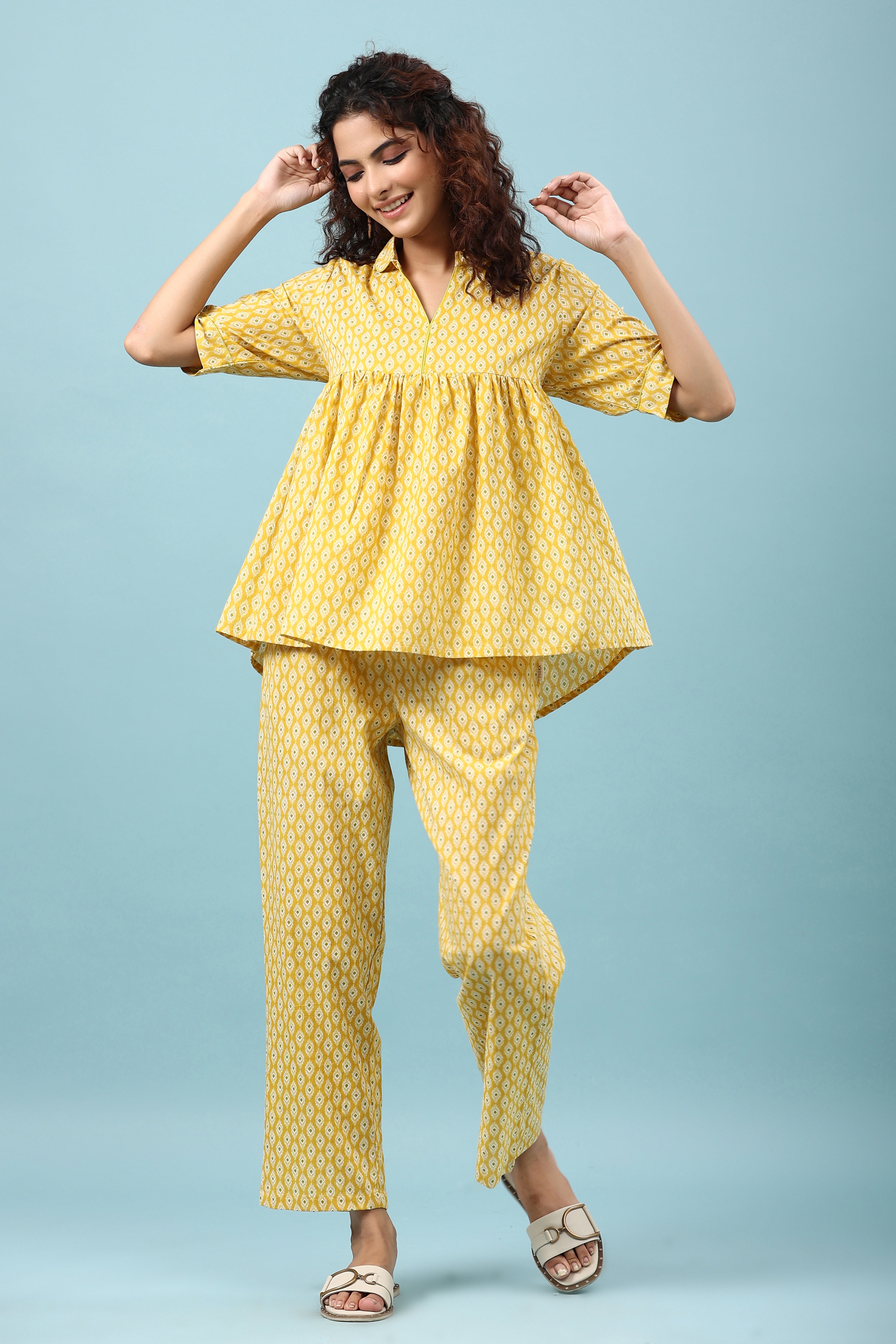 Ikat on Yellow Cotton Loungewear Top Set