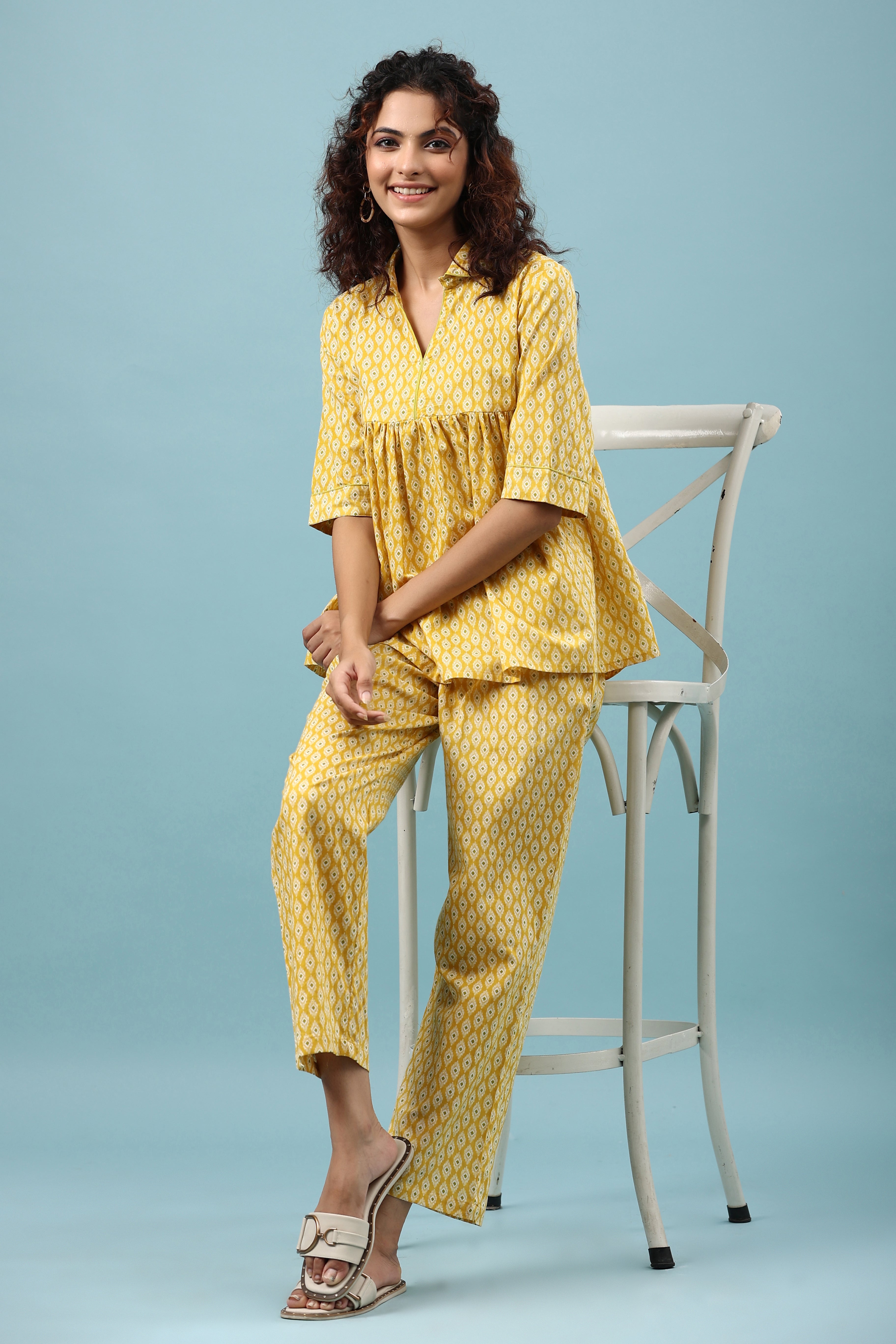 Ikat on Yellow Cotton Loungewear Top Set