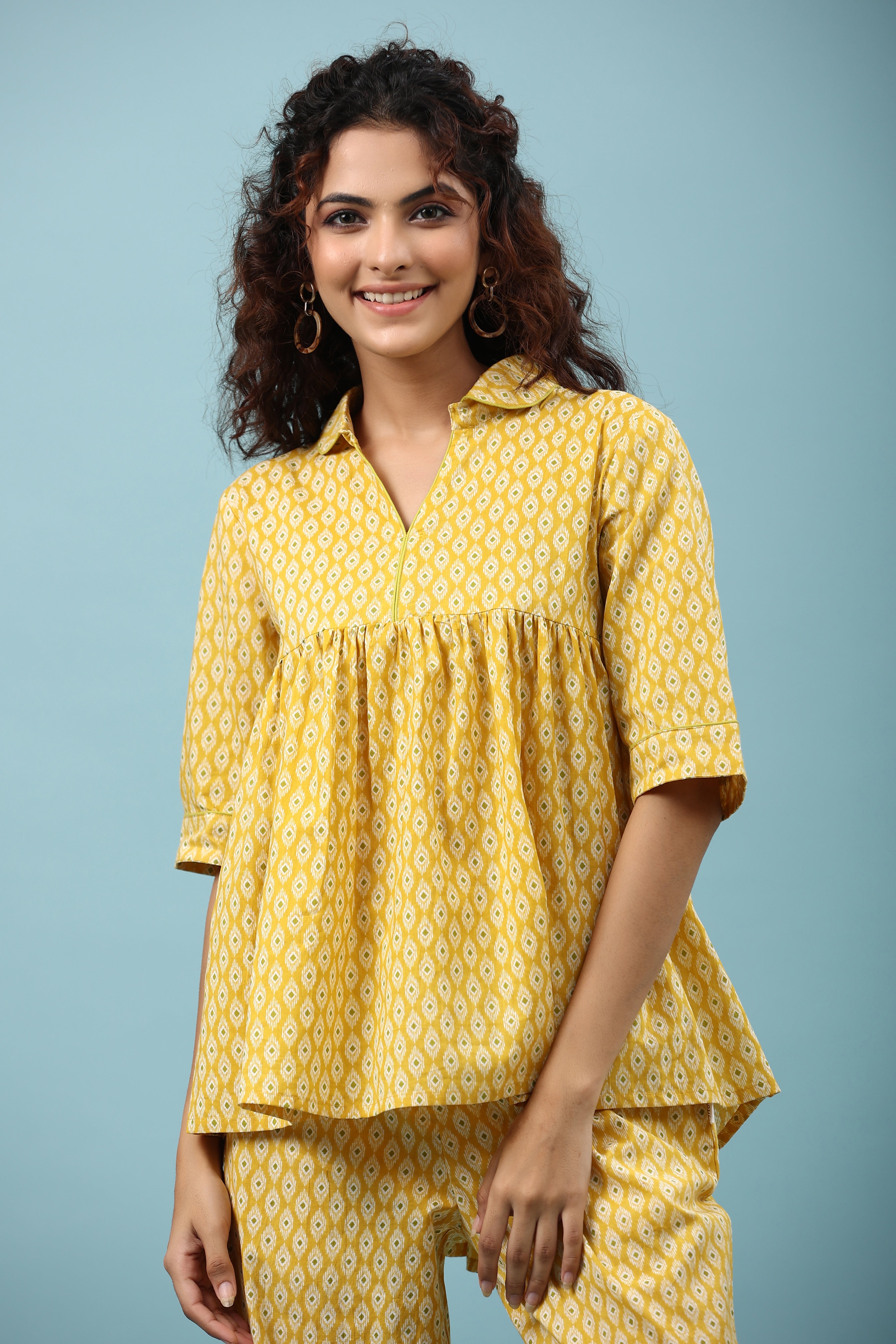 Ikat on Yellow Cotton Loungewear Top Set