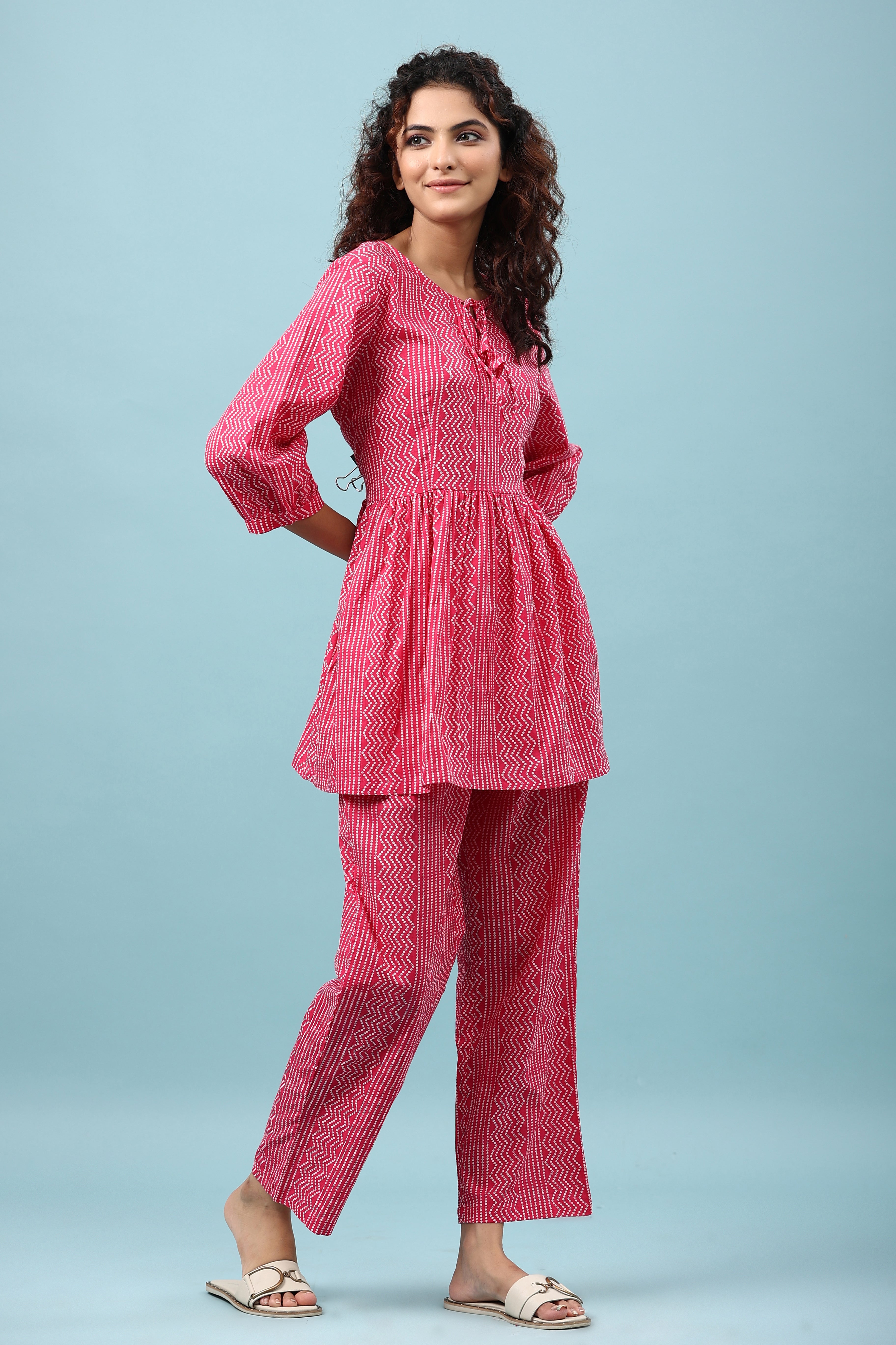 Zigzag Polka On Pink Peplum Loungewear Top Set