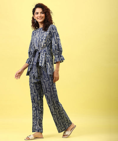Bloom Blue Cotton Front Tie-up Co-ord Set