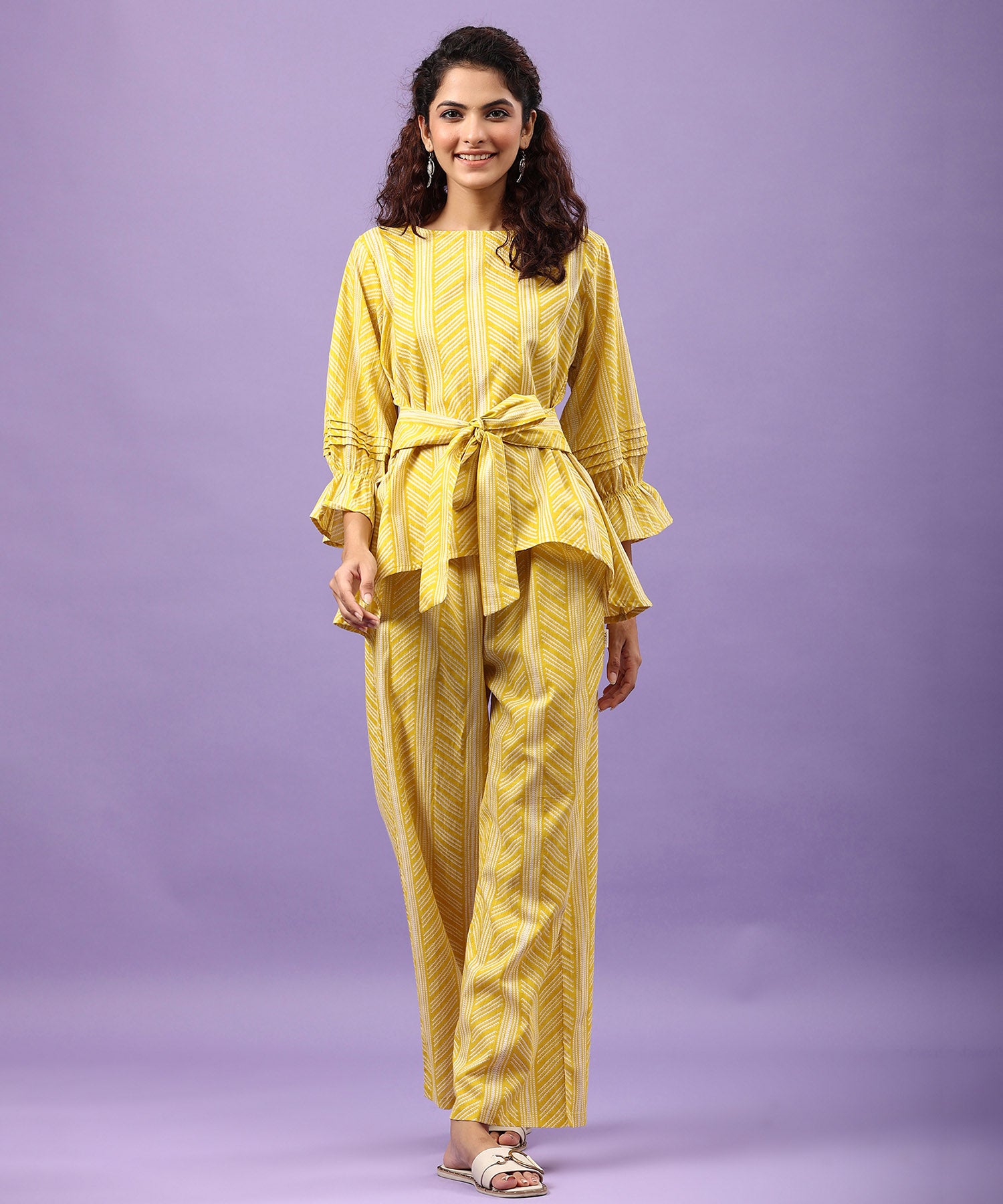 Patterned Shibori on Cotton Yellow Front Tie Co-ord Set