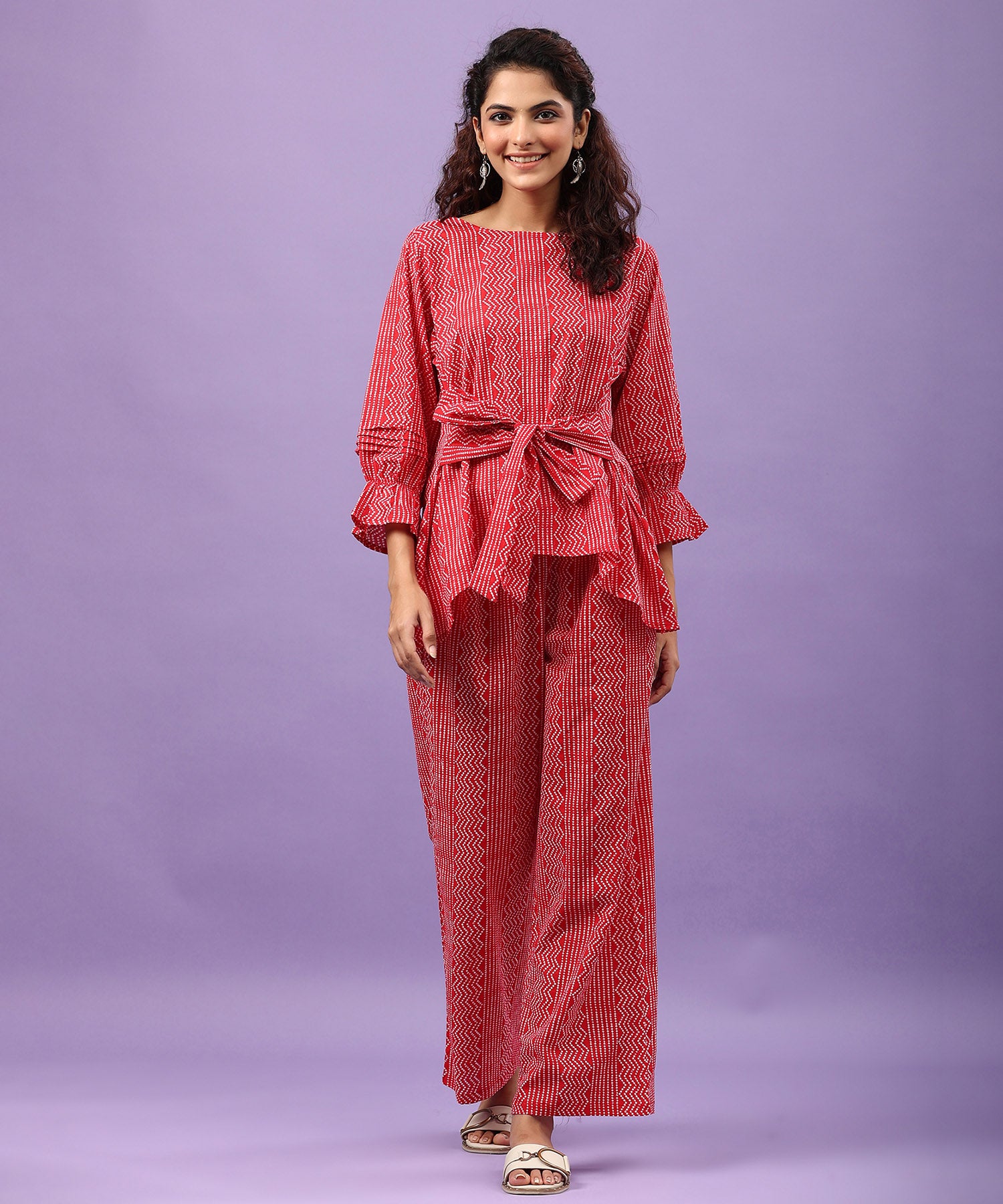 Zigzag Bandhej on Cotton Red Front Tie-up Co-ord Set