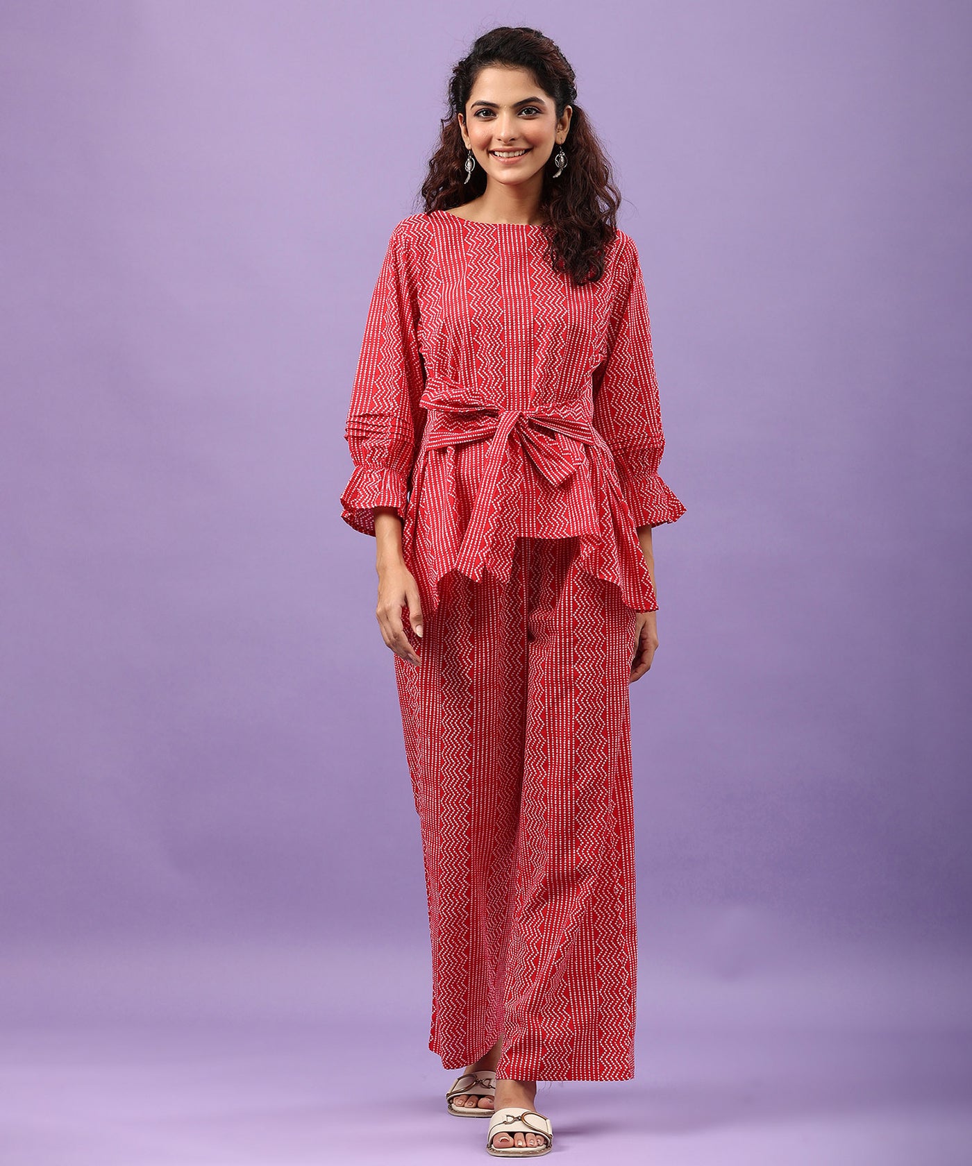 Zigzag Bhandej on Cotton Red Front Tie-up Co-ord Set