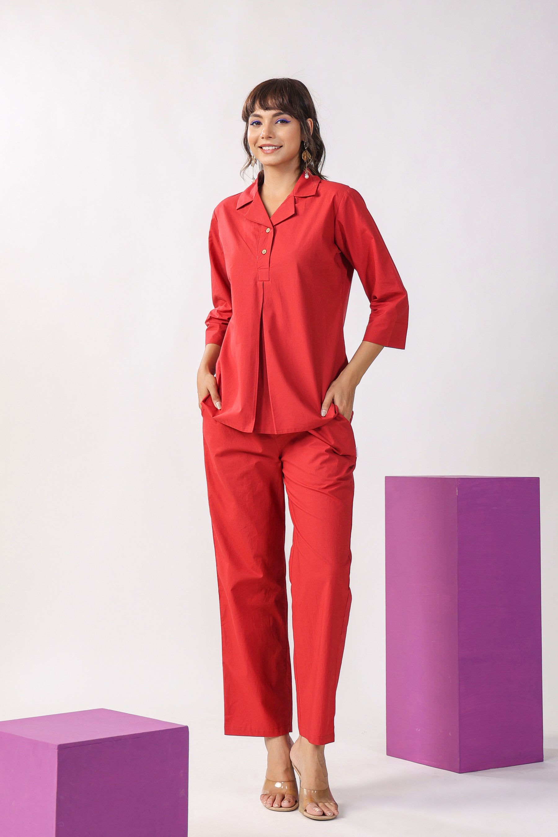 Solid Red Cotton Loungewear Top Set