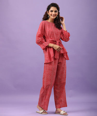 Zigzag Bhandej on Cotton Red Front Tie-up Co-ord Set