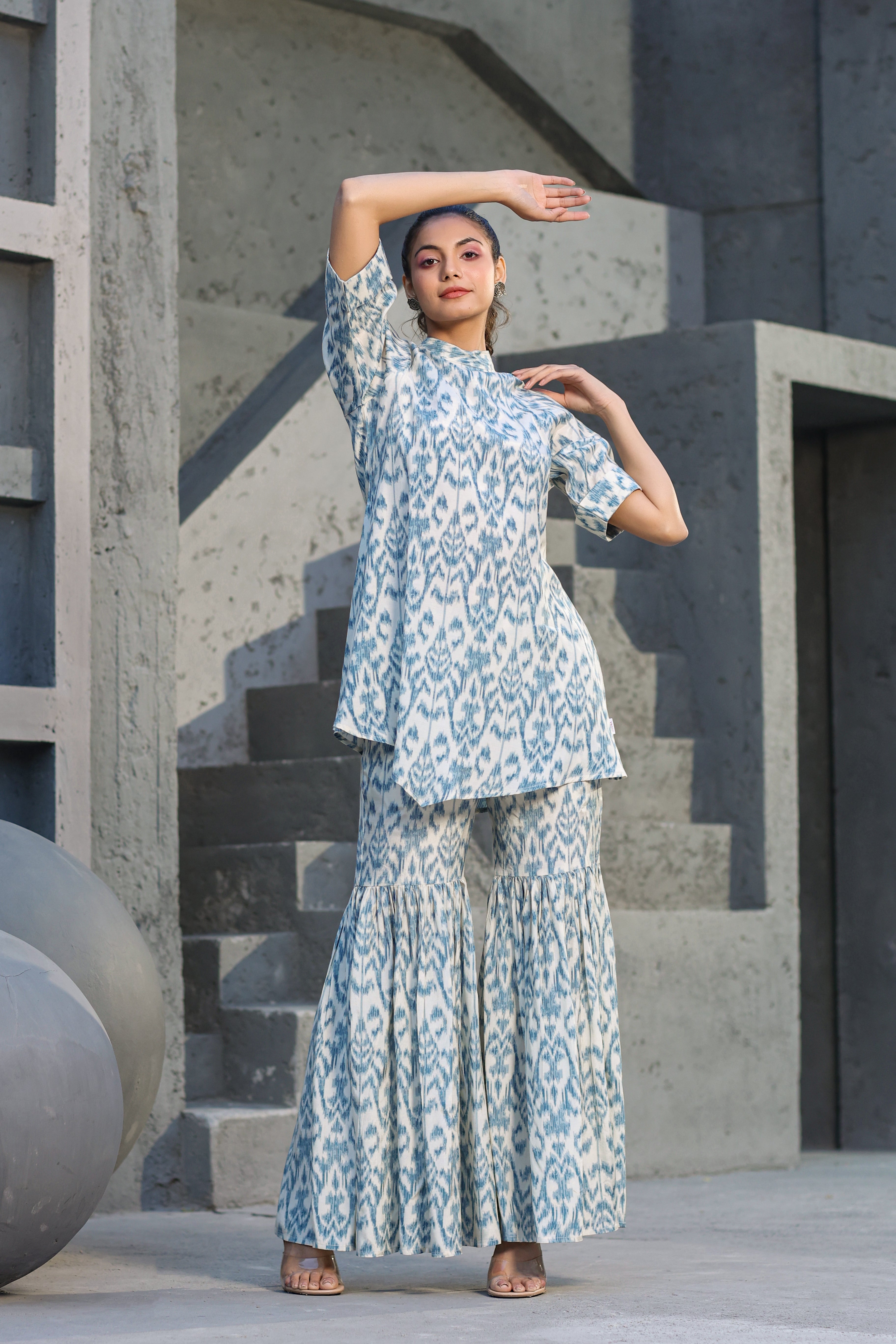 Blue Ikat on Silk Sharara Co ord Set