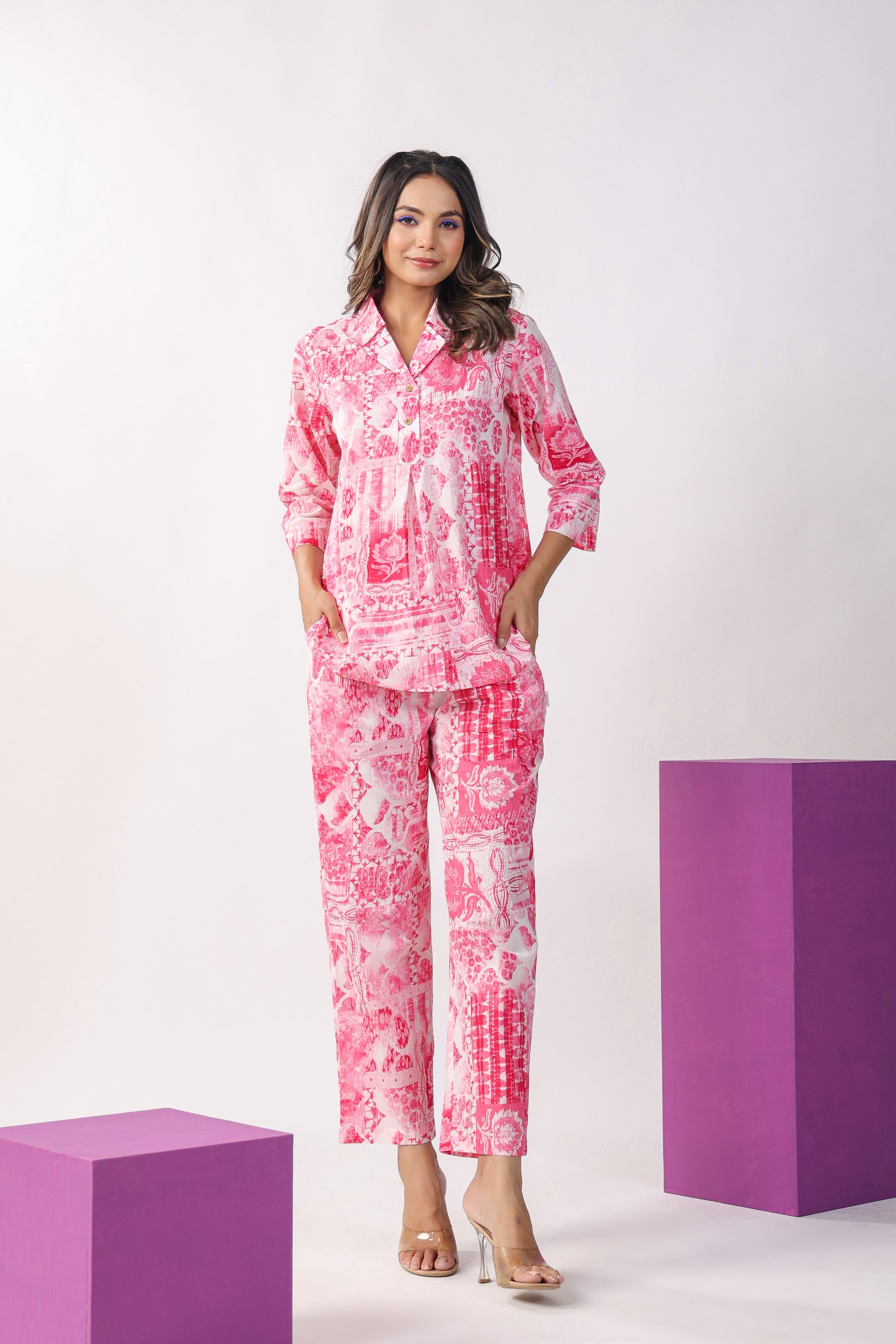 Patches On Pink Cotton Loungewear Top Set