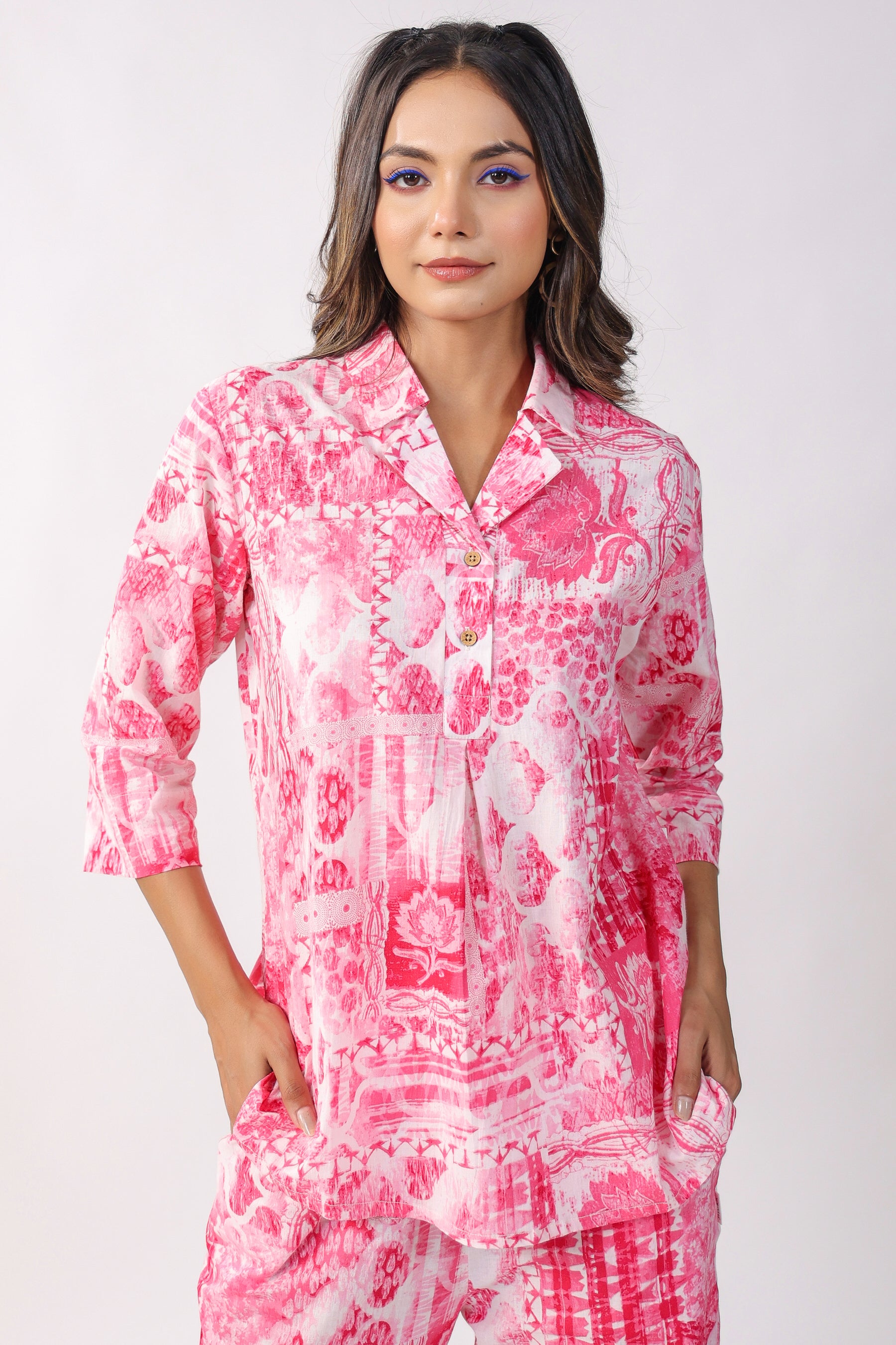 Patches On Pink Cotton Loungewear Top Set