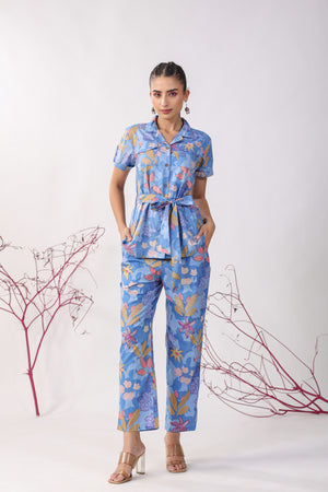 Flowers on Blue Cotton Loungewear Top Set
