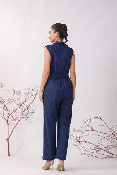 Solid Blue Dobby Cotton Jumpsuit