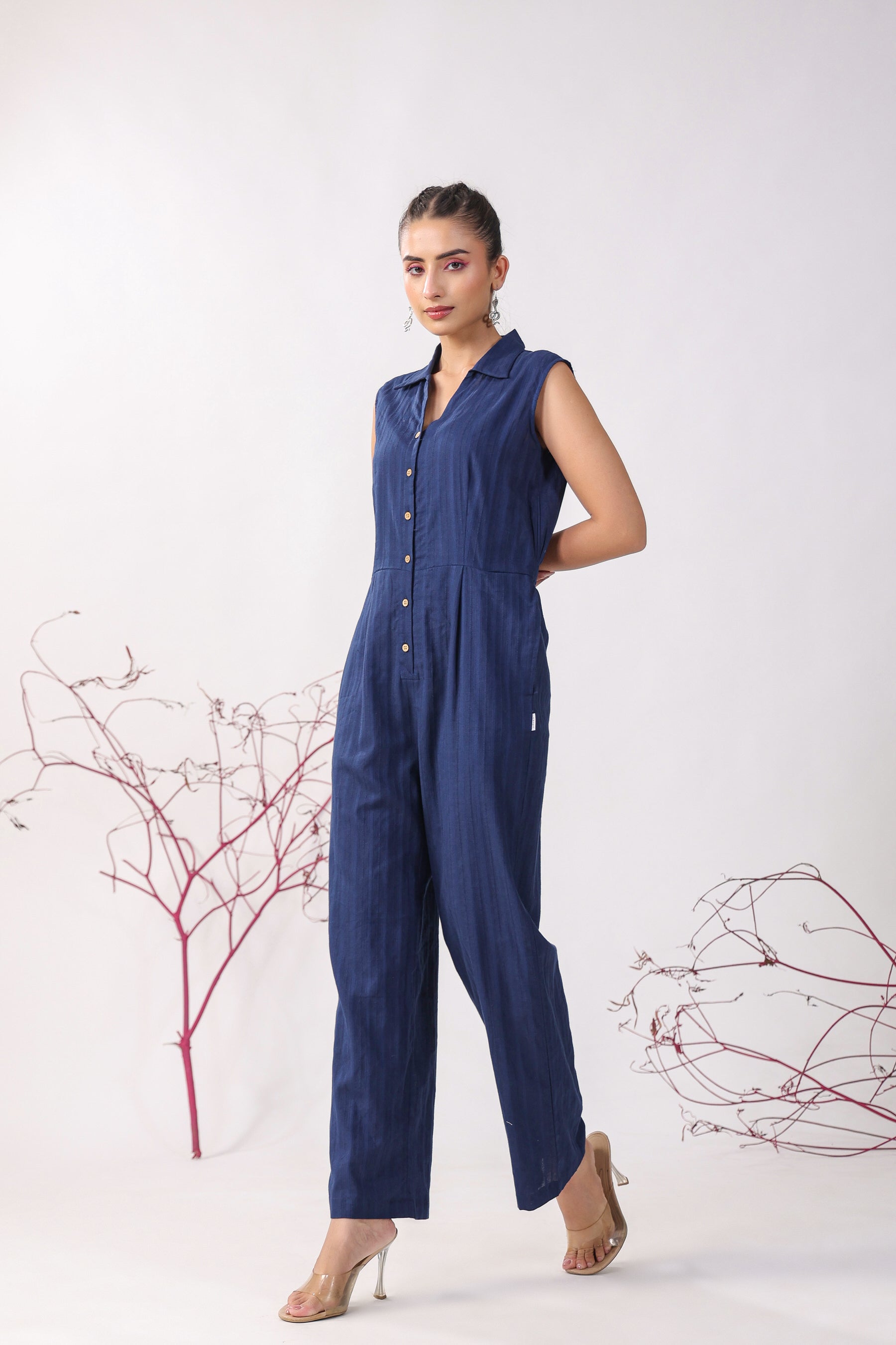 Solid Blue Cotton Jumpsuit