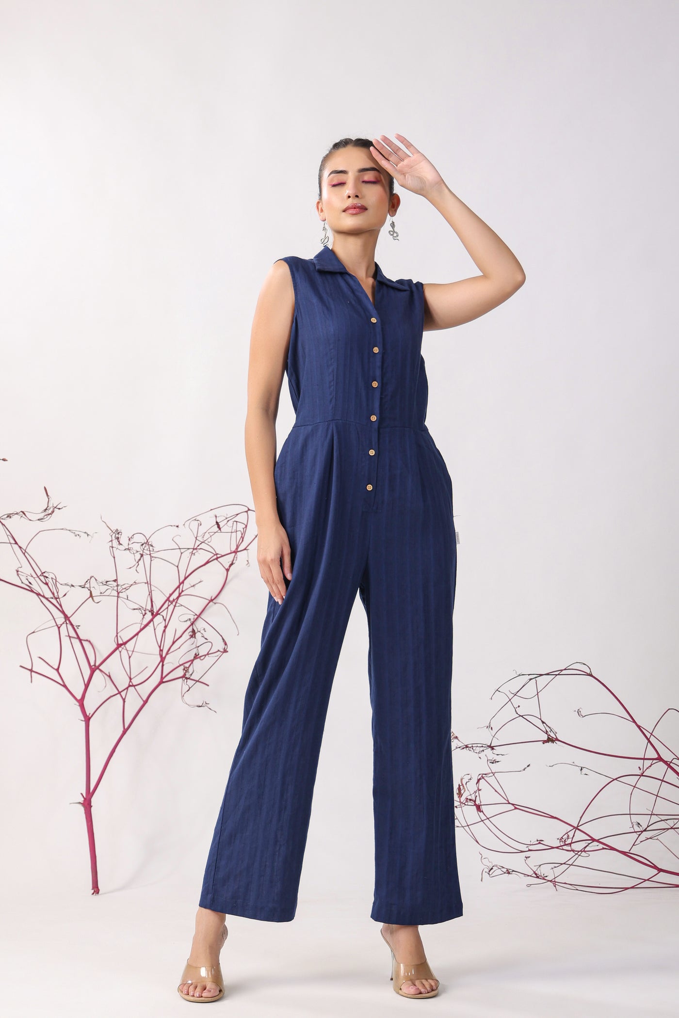 Solid Blue Dobby Cotton Jumpsuit