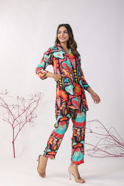 Abstract Art on Black Muslin Silk Co-ord Set