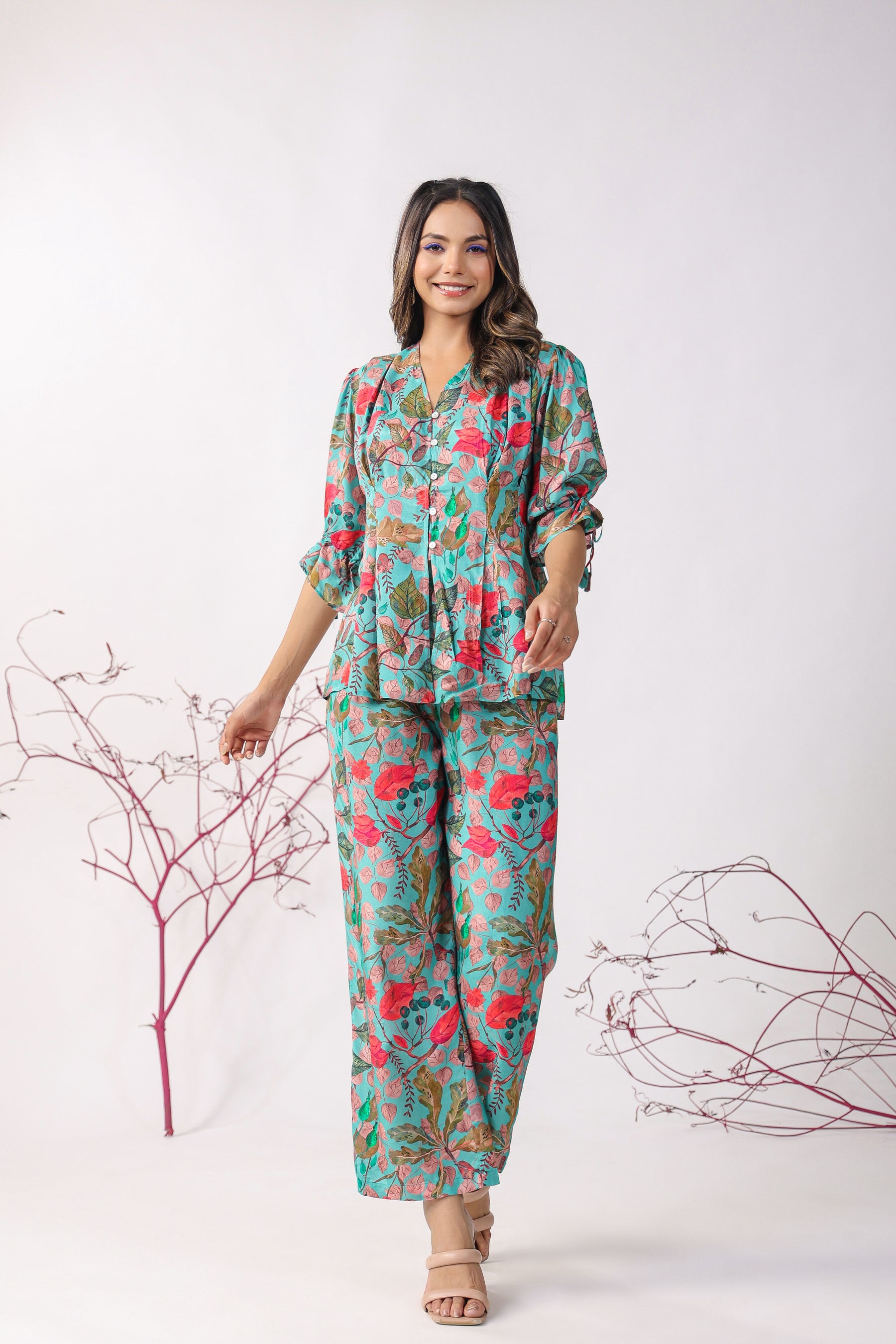 Autumn Leaves on Blue Muslin Silk Co-ord Set