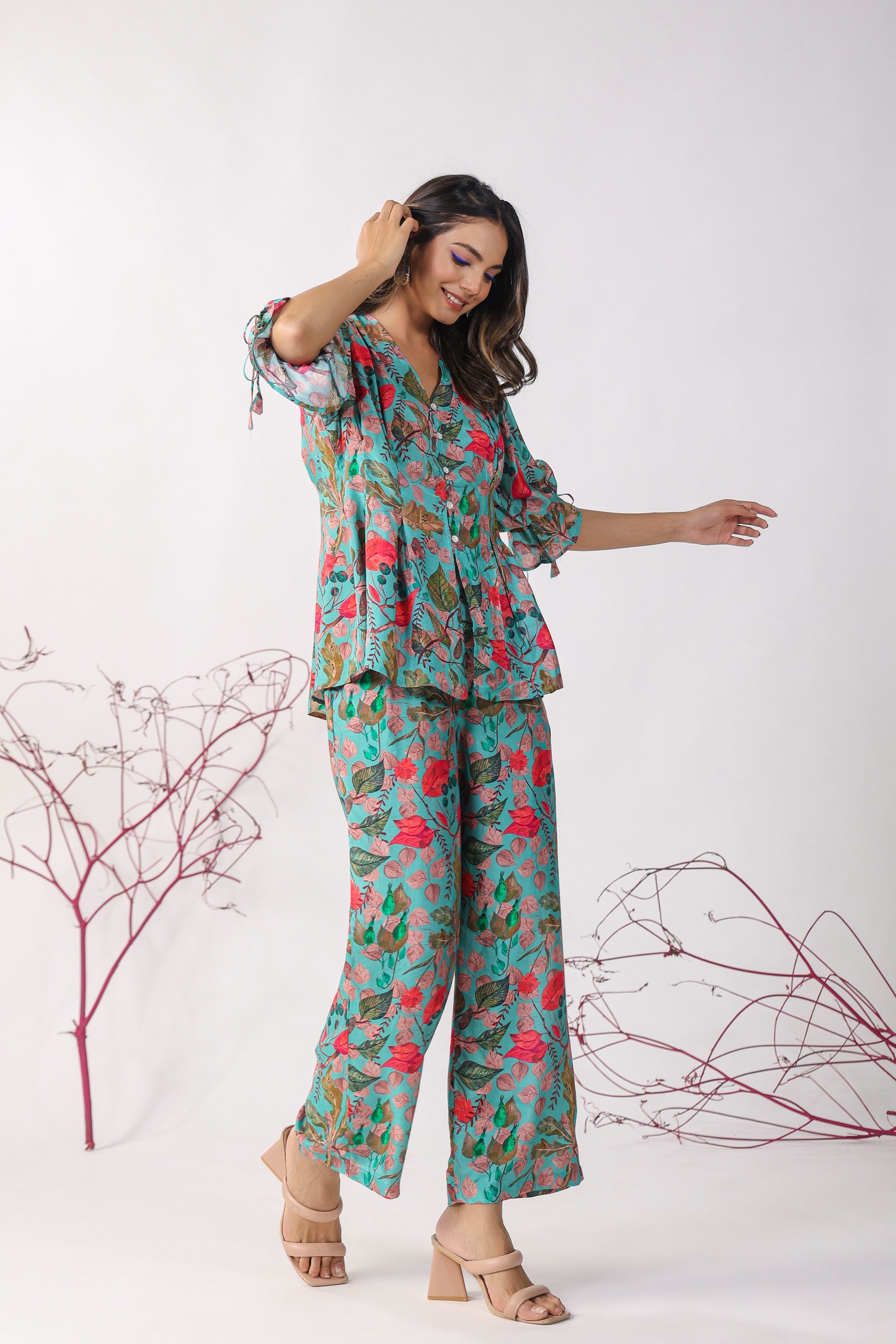 Autumn Leaves on Blue Muslin Silk Co-ord Set