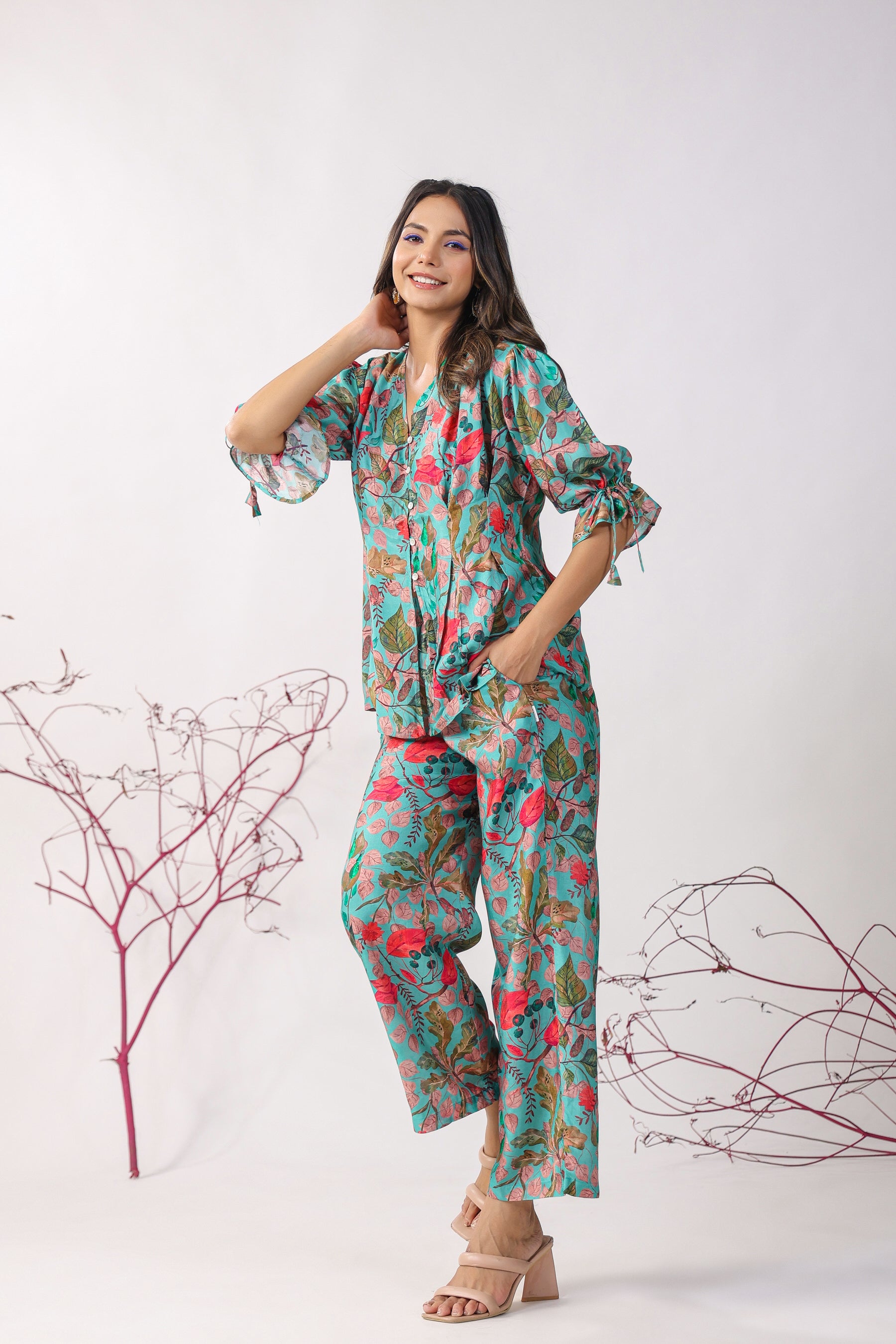 Autumn Leaves on Blue Muslin Silk Co-ord Set