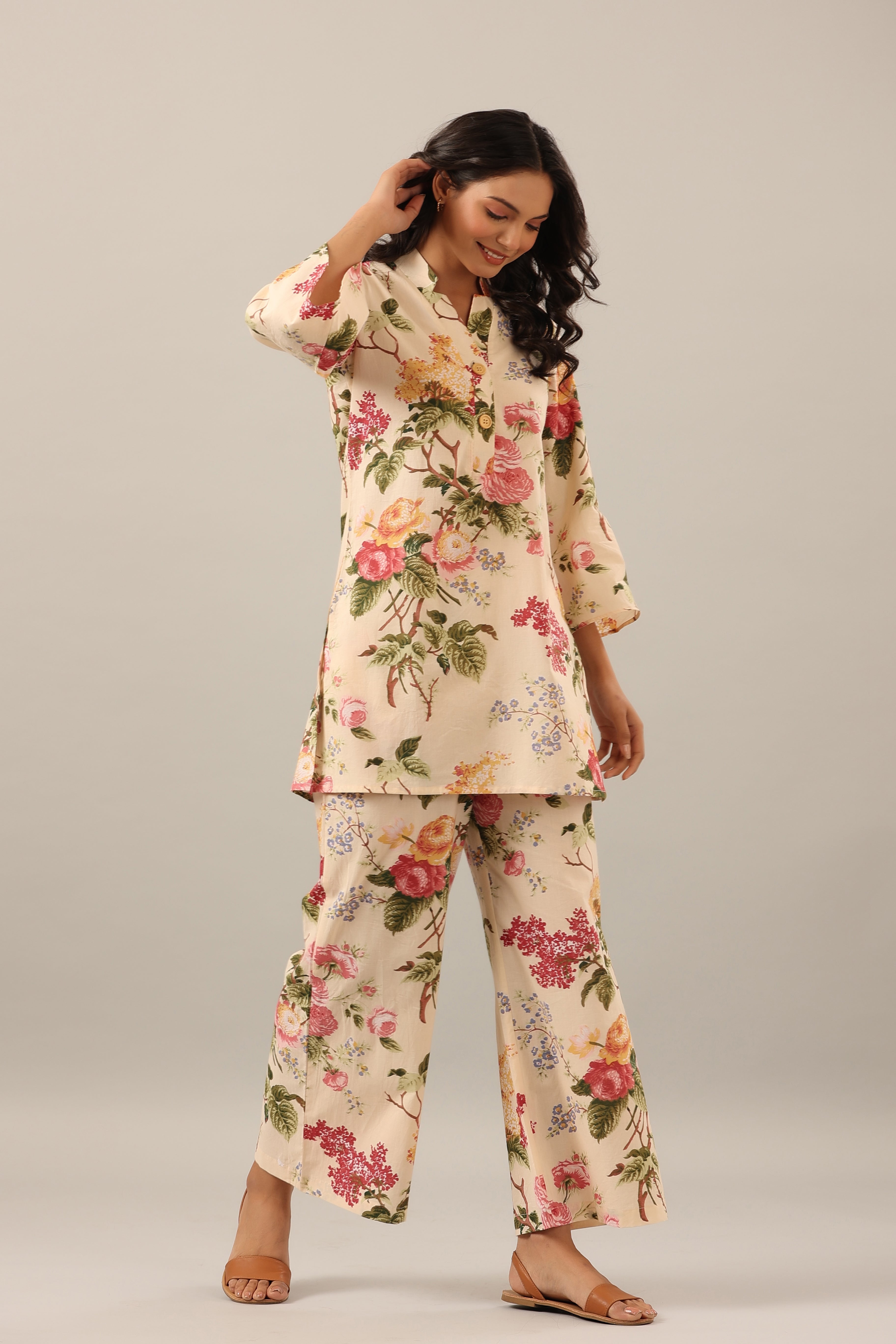 Floral jaal on Beige Palazzo Loungewear Set