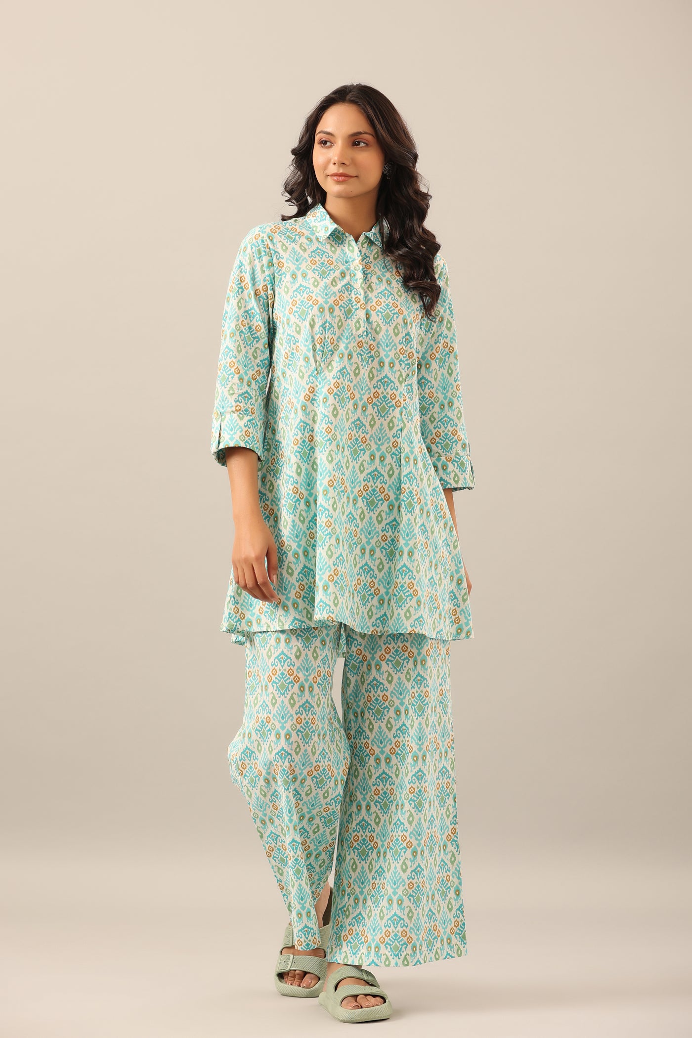 Ikat on White Cotton Collared Lounge Co-ord Set