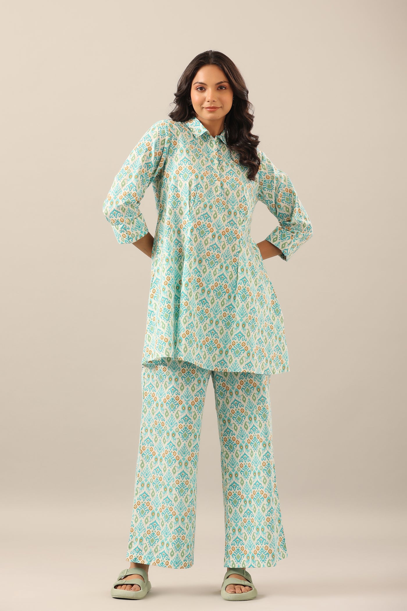 Ikat on White Cotton Collared Lounge Co-ord Set