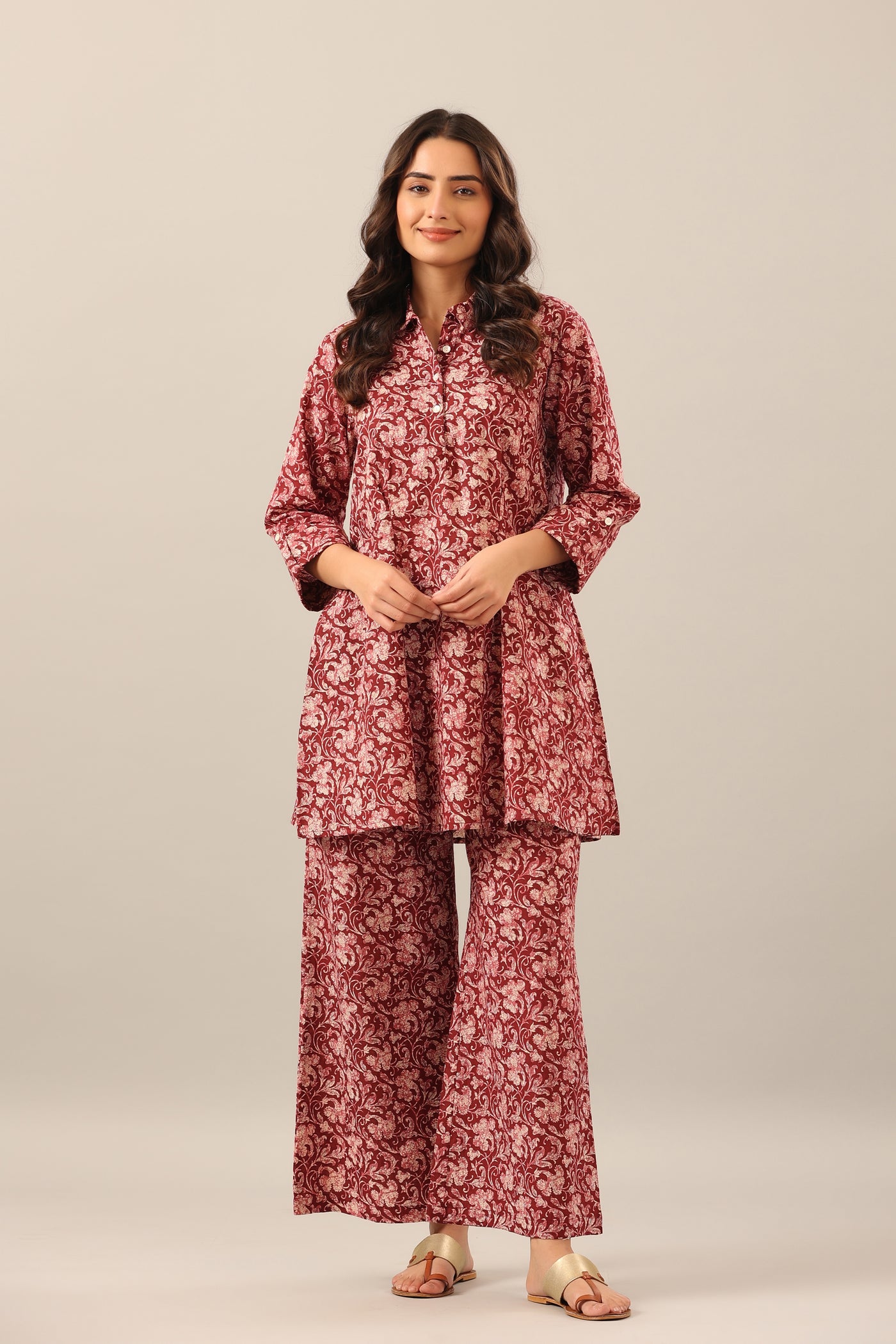 Earthy Ajrakh on Maroon Cotton Lounge Co-ord Set