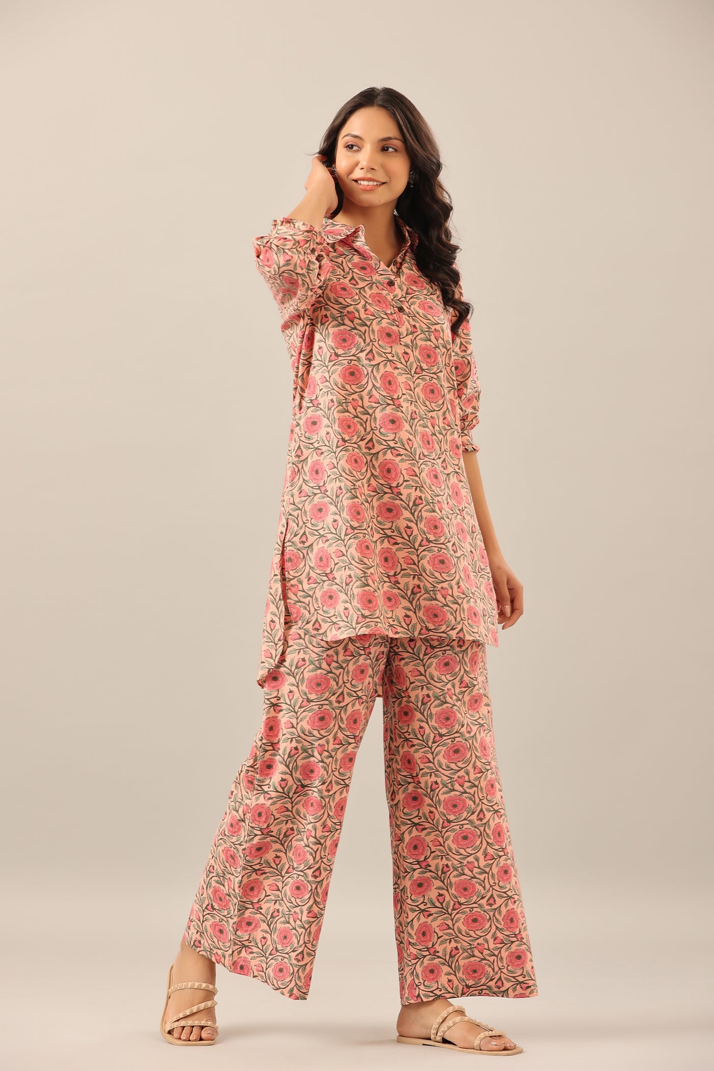 Floral Mosaic on Pink Collared Smoked Sleeves Lounge Co-ord Set